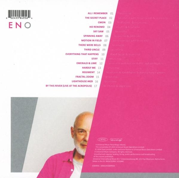 Albumcover, weißer Hintergrund. Brian Enos Gesicht in rosa Hemd. Titelliste und Albumtitel sind sichtbar.