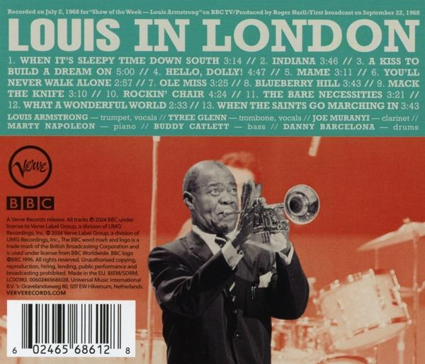 Albumcover von Louis Armstrong in London mit Trackliste und Credits.