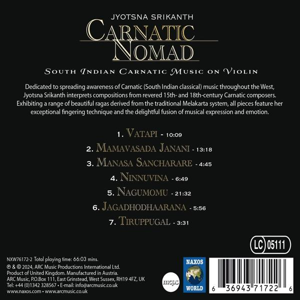 Ein CD-Cover für 'Carnatic Nomad' von Jyotsna Srikanth, mit Text und einer Liste von Liedern.