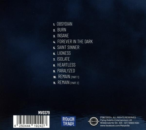 Album-Rückseite mit Titelliste und Logos. Text ist weiß auf dunkelblauem Hintergrund.