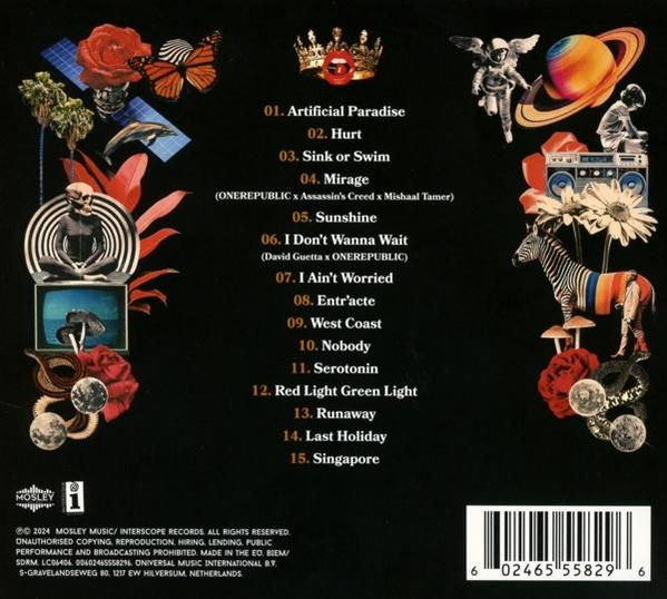 Rückseite eines CD-Covers mit einer farbenfrohen Collage von Bildern und einer Titelliste.