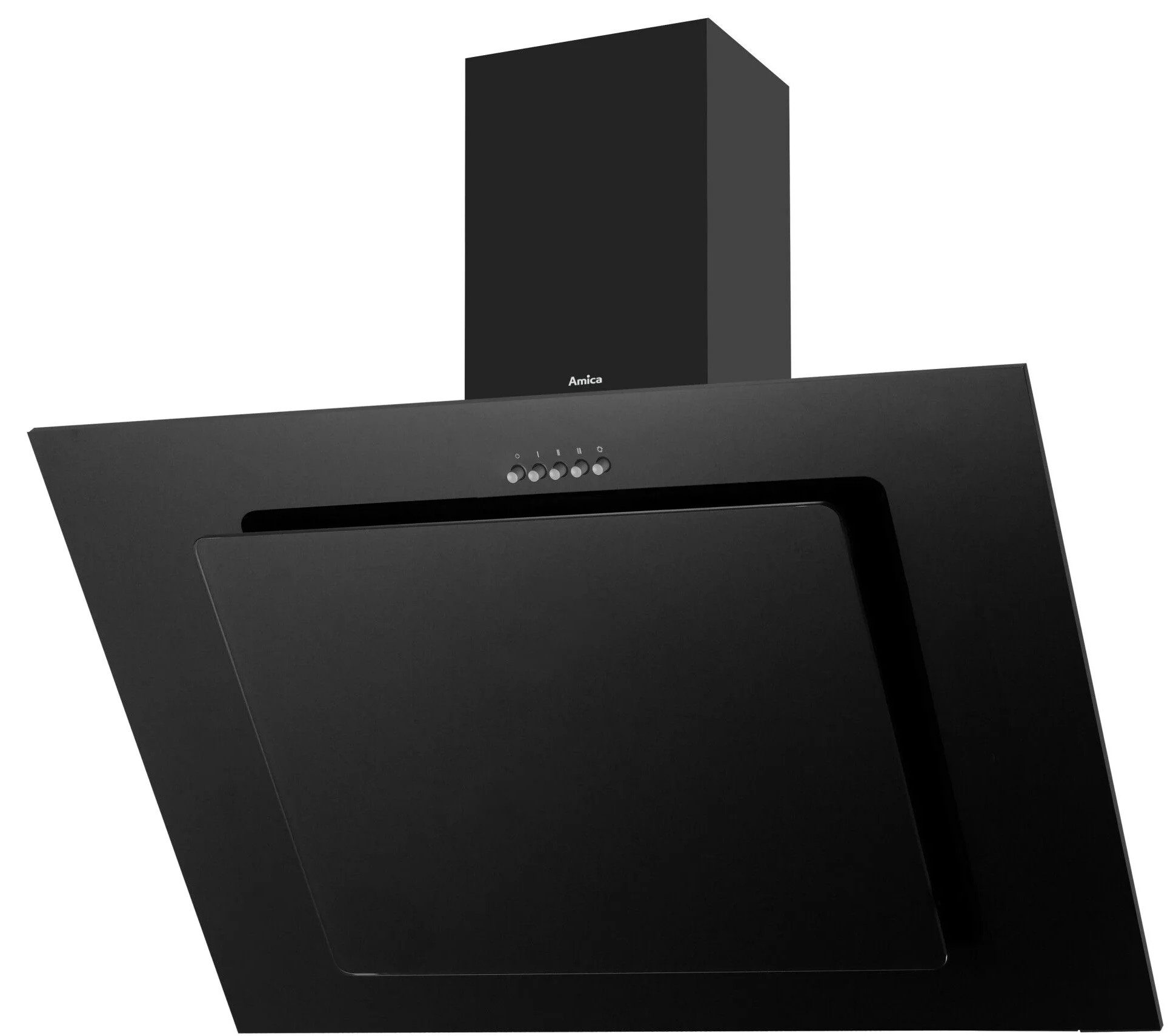 Czarny okap kominowy z przyciskami sterowania.