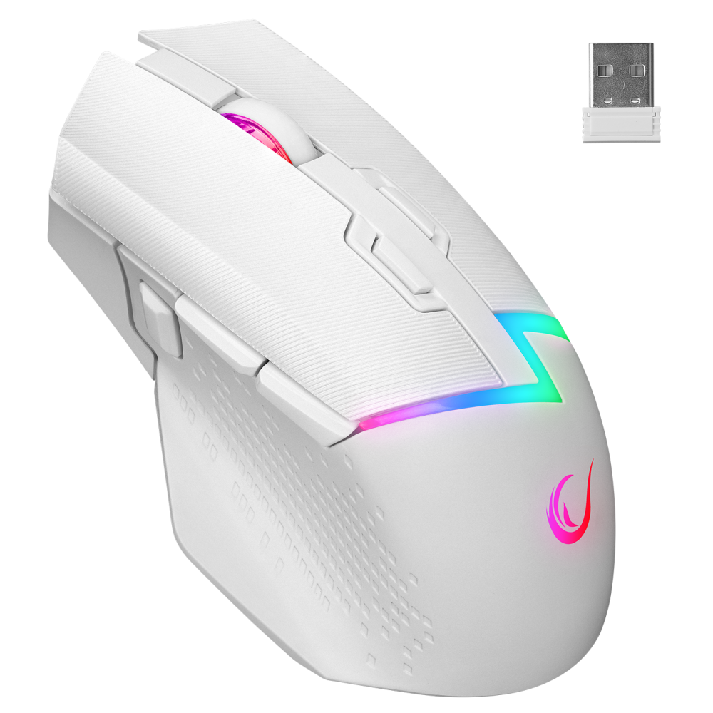 RGB aydınlatmalı beyaz kablosuz oyun faresi. Bir USB alıcısı gösterilir. Siyah arka plan.