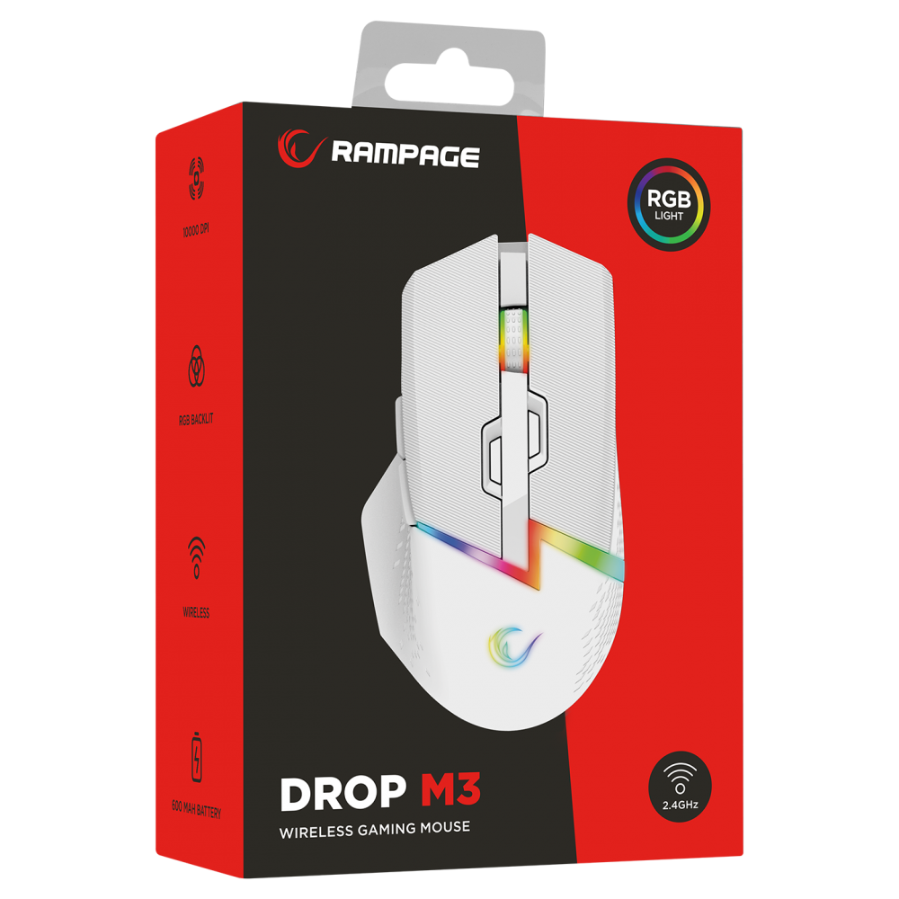 Kutuda Rampage oyun faresi, RGB ışıklı beyaz fare, kablosuz, 10000 DPI, 500 mAh pil.