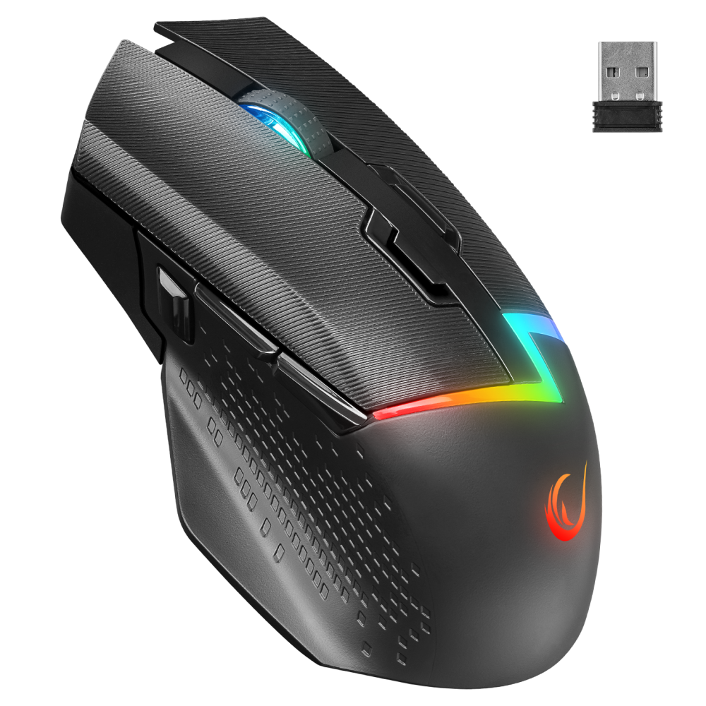 RGB aydınlatmalı ve USB alıcılı siyah bir oyun faresi.