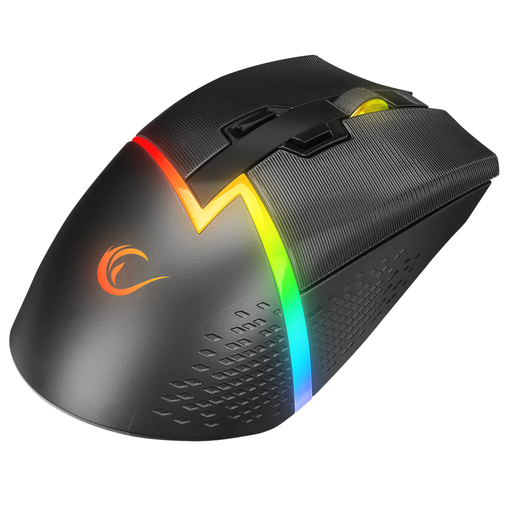 Siyah arka plan üzerinde, RGB ışıkları ve logosu olan siyah bir oyun faresi.