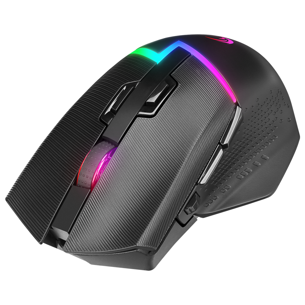 Üstte RGB aydınlatmalı siyah bir oyun faresi. Dokulu bir yüzeye sahip.