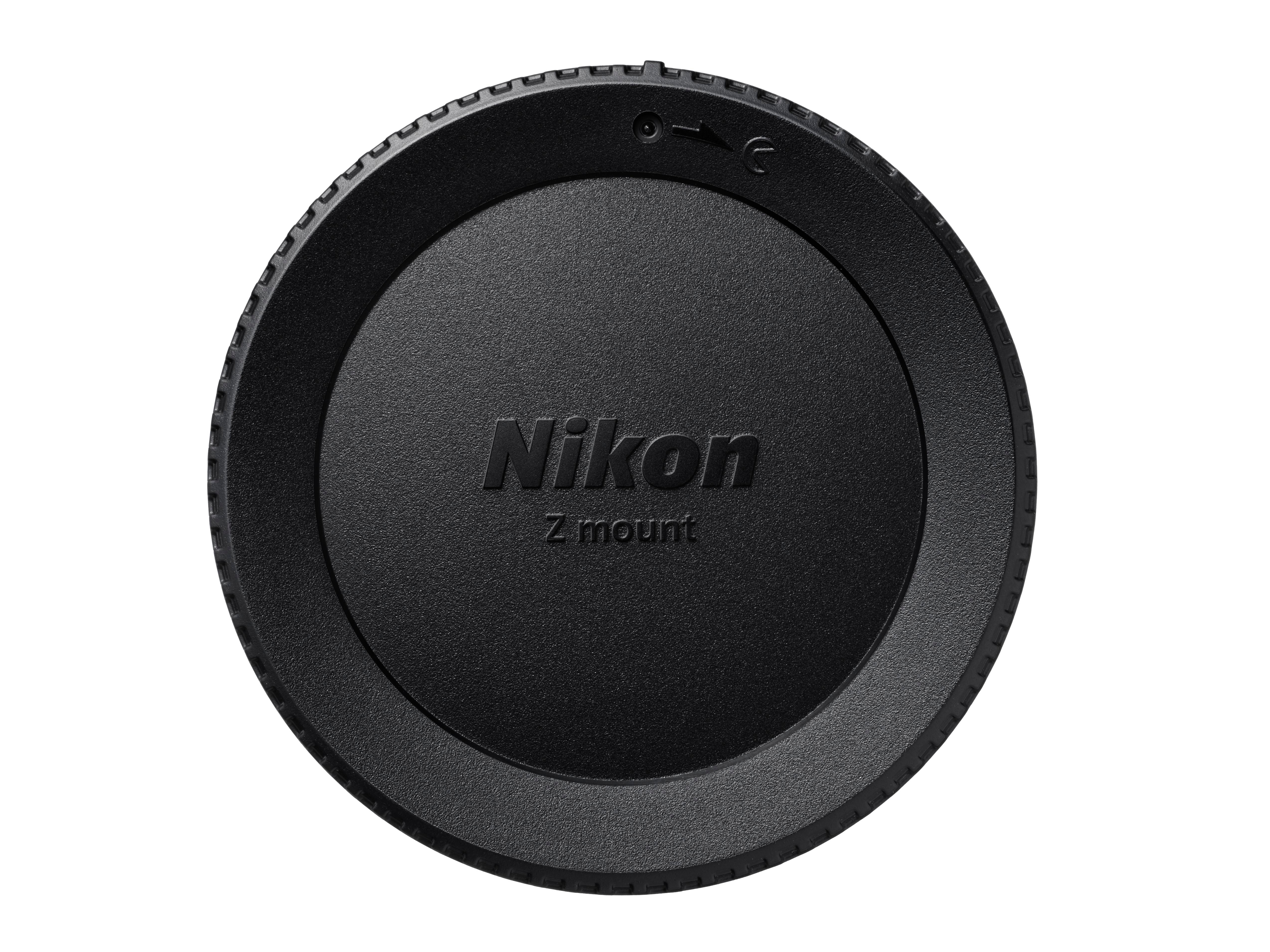 Schwarze Nikon Z-Mount-Objektivkappe mit Nikon-Logo in der Mitte.