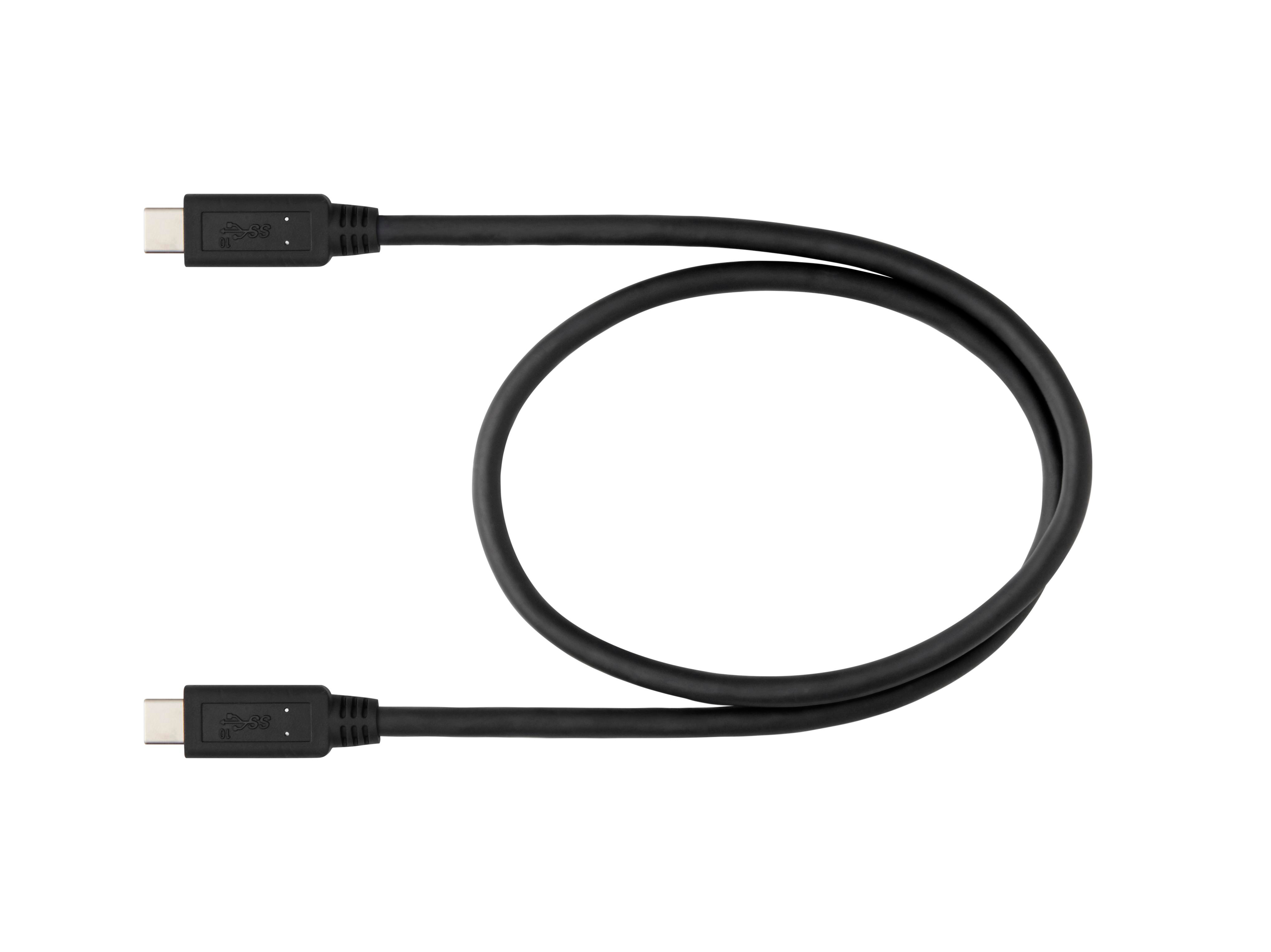 Ein schwarzes USB-C-Kabel mit zwei USB-C-Anschlüssen. Das Kabel ist auf weißem Hintergrund gekrümmt.