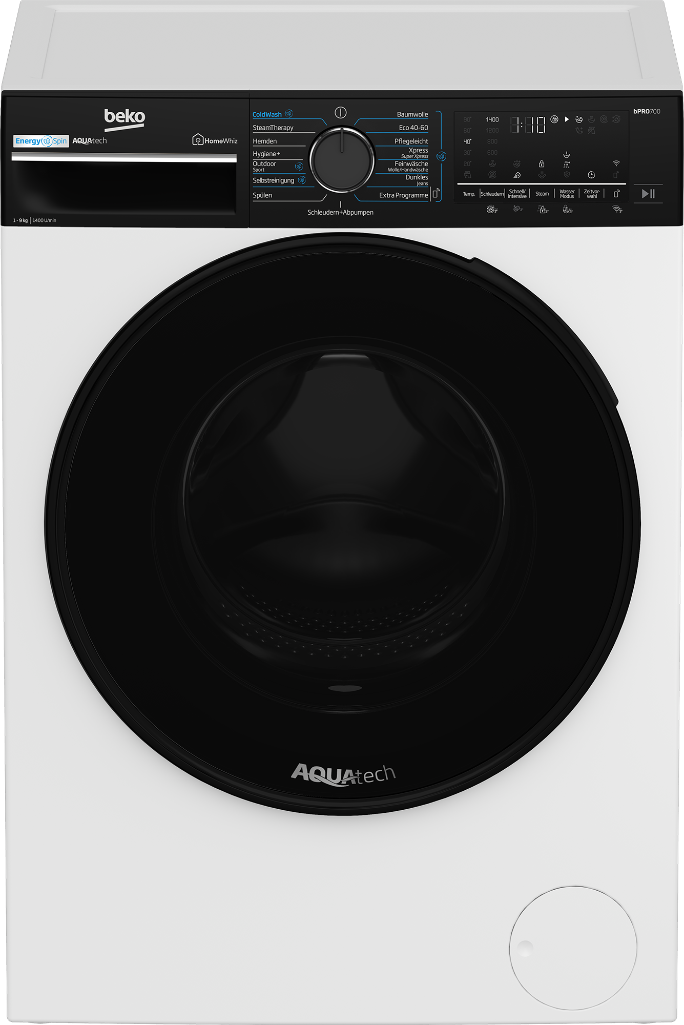 Weiße Beko Waschmaschine, Frontansicht, schwarze Tür.