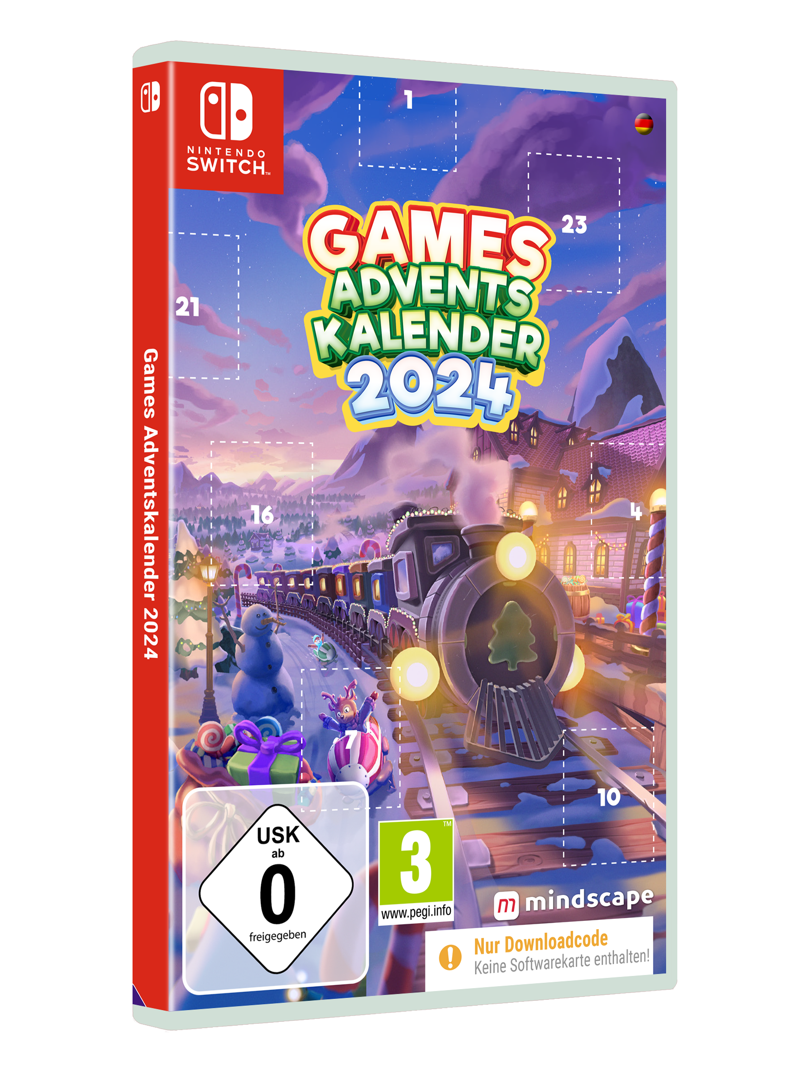 Spielverpackung für Nintendo Switch. Das Cover zeigt ein Adventskalender-Design mit einer Eisenbahn.