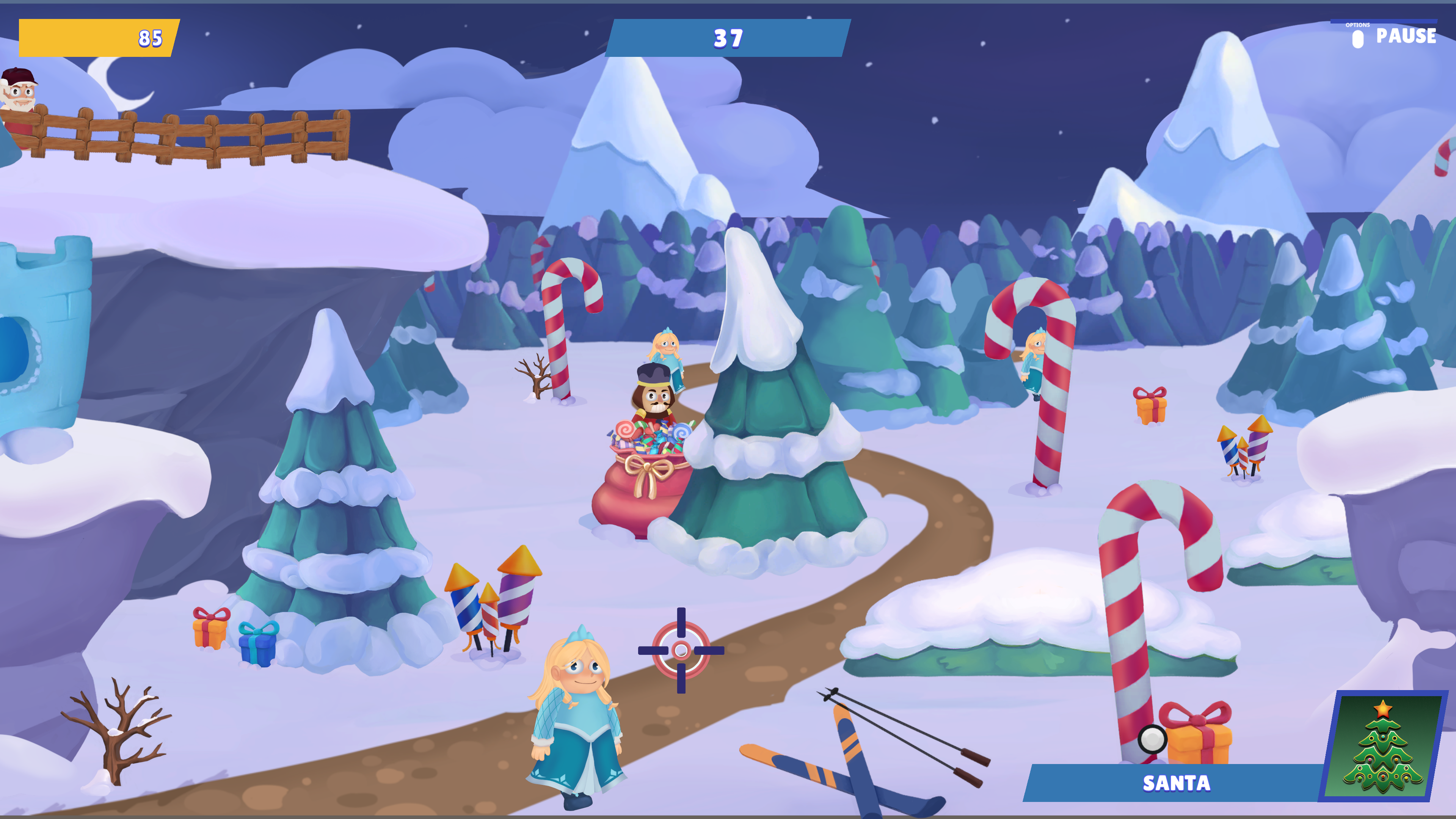 Eine Winter-Spielszene. Charaktere in einer verschneiten Landschaft mit Zuckerstangen und Geschenkboxen. Punktestand 37, 85. Pausentaste.