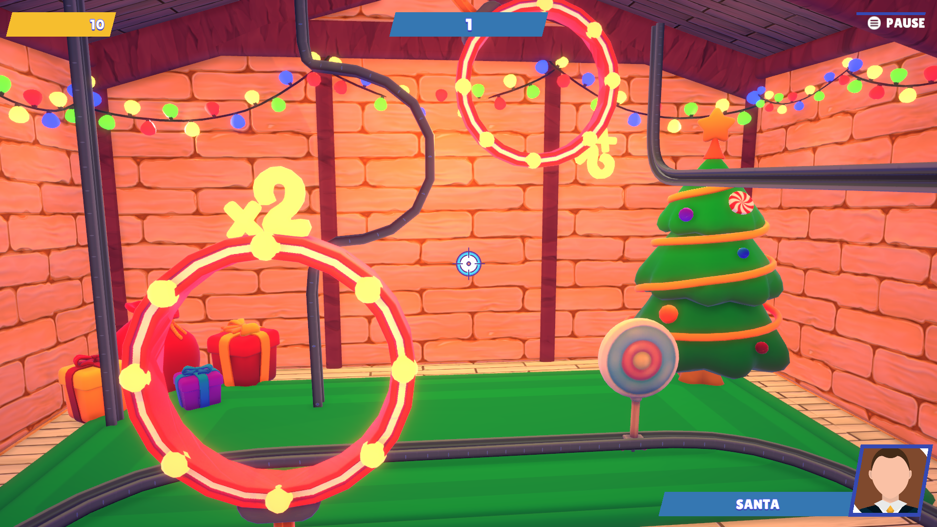 Eine Cartoon-Spielszene mit dem Weihnachtsmann, Weihnachtsdekorationen und einem Ziel. Das Spiel hat eine Punktzahl und einen Timer.
