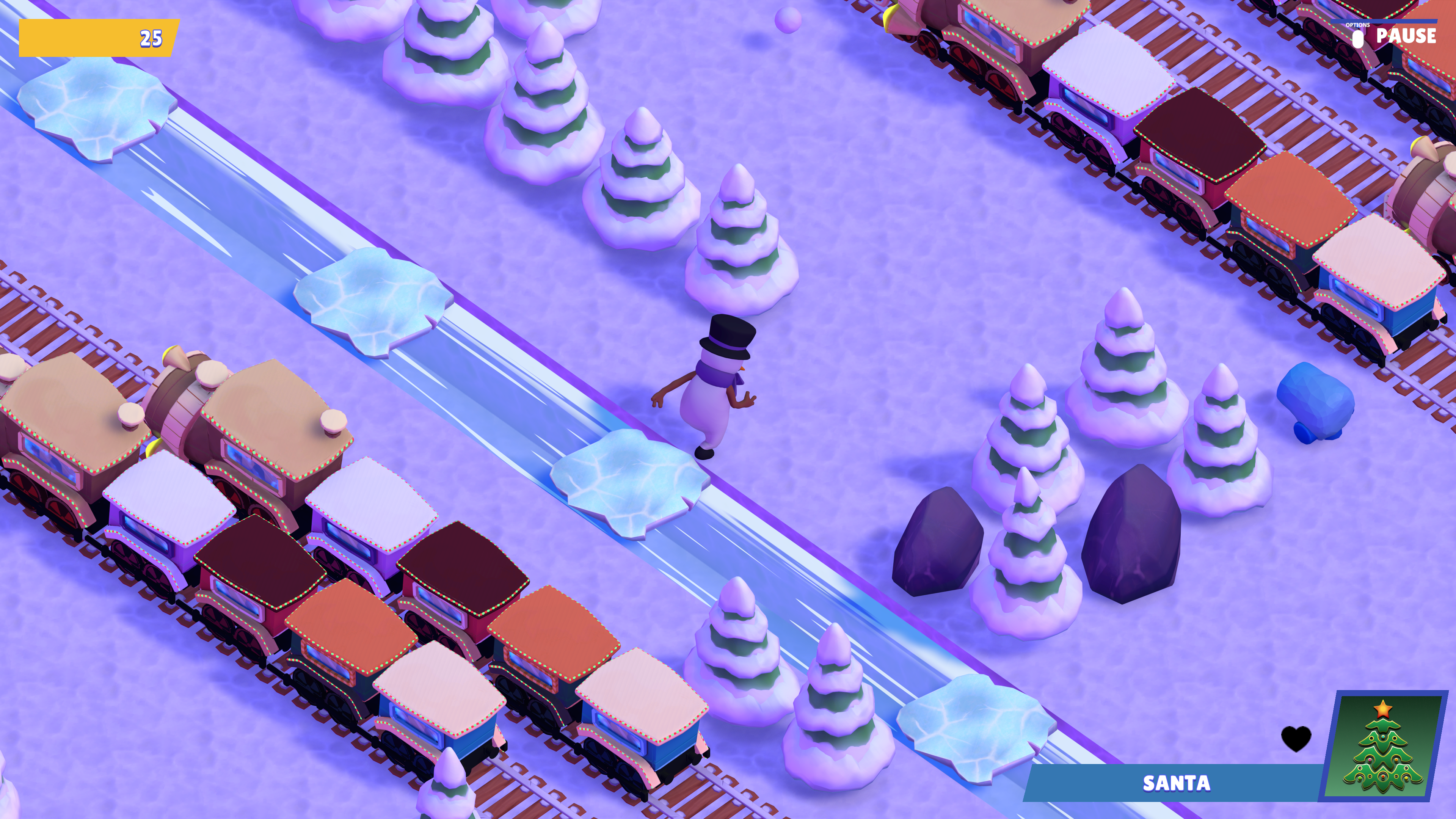Isometrische Ansicht einer Winterszene mit Spielzeugzügen, Schneemann und Weihnachtsbäumen.
