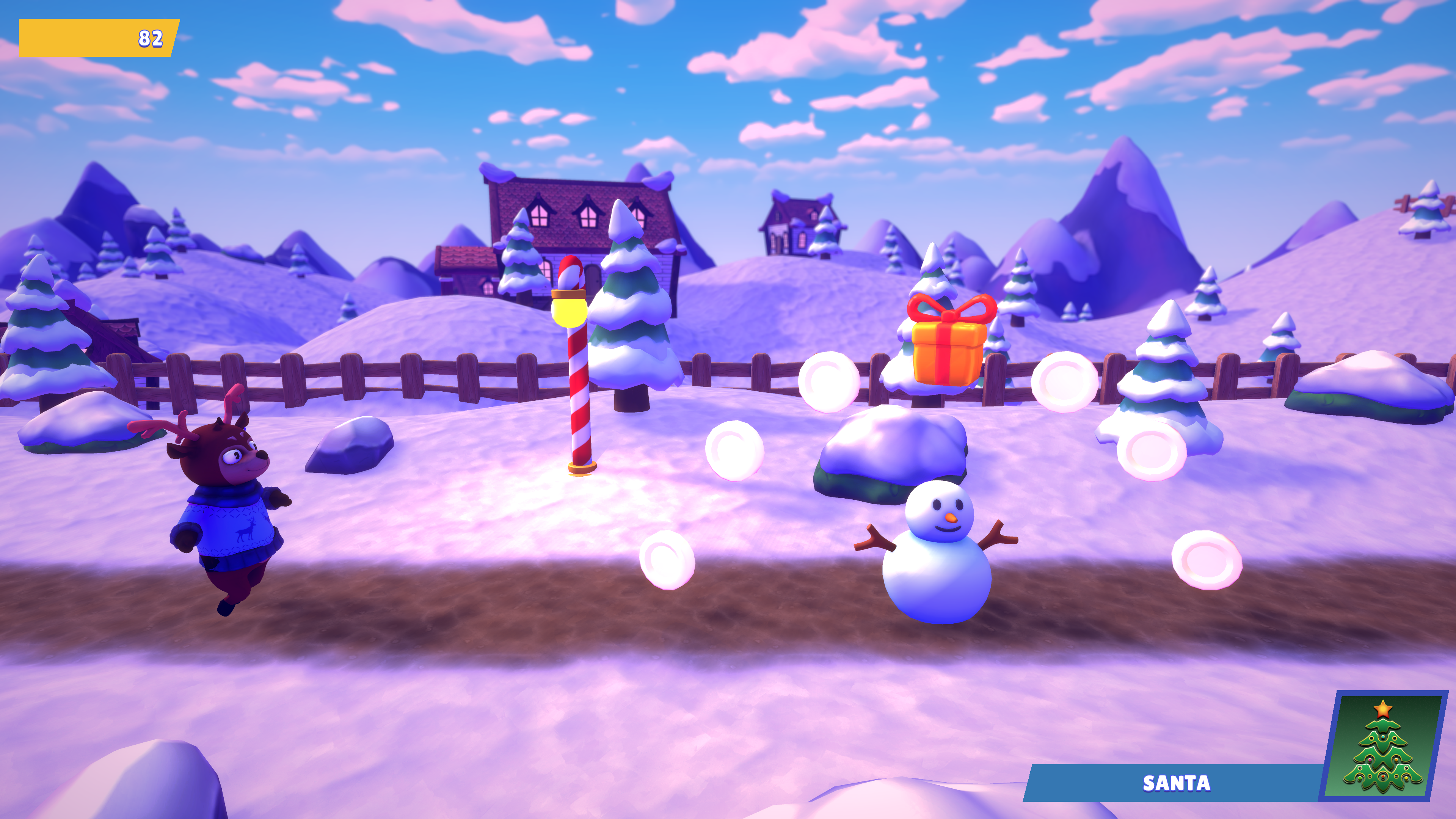 Animierte Winterszene, Rentier-Charakter, Schneemann, Geschenkbox, schneebedeckte Landschaft, blauer Himmel.