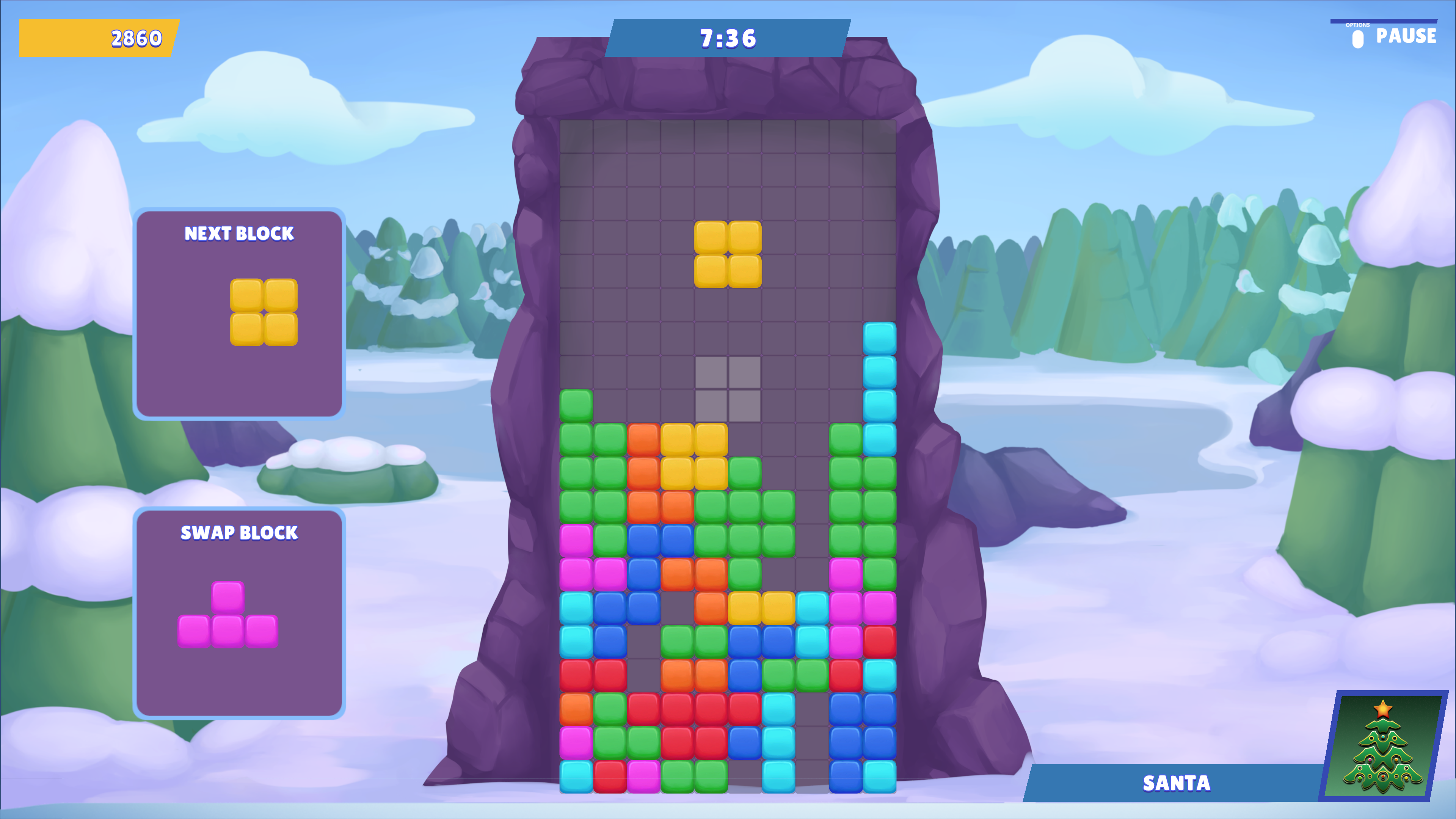 Ein Tetris-ähnliches Spiel wird vor einem schneebedeckten Hintergrund gespielt. Es gibt Spielblöcke und einen Timer oben.