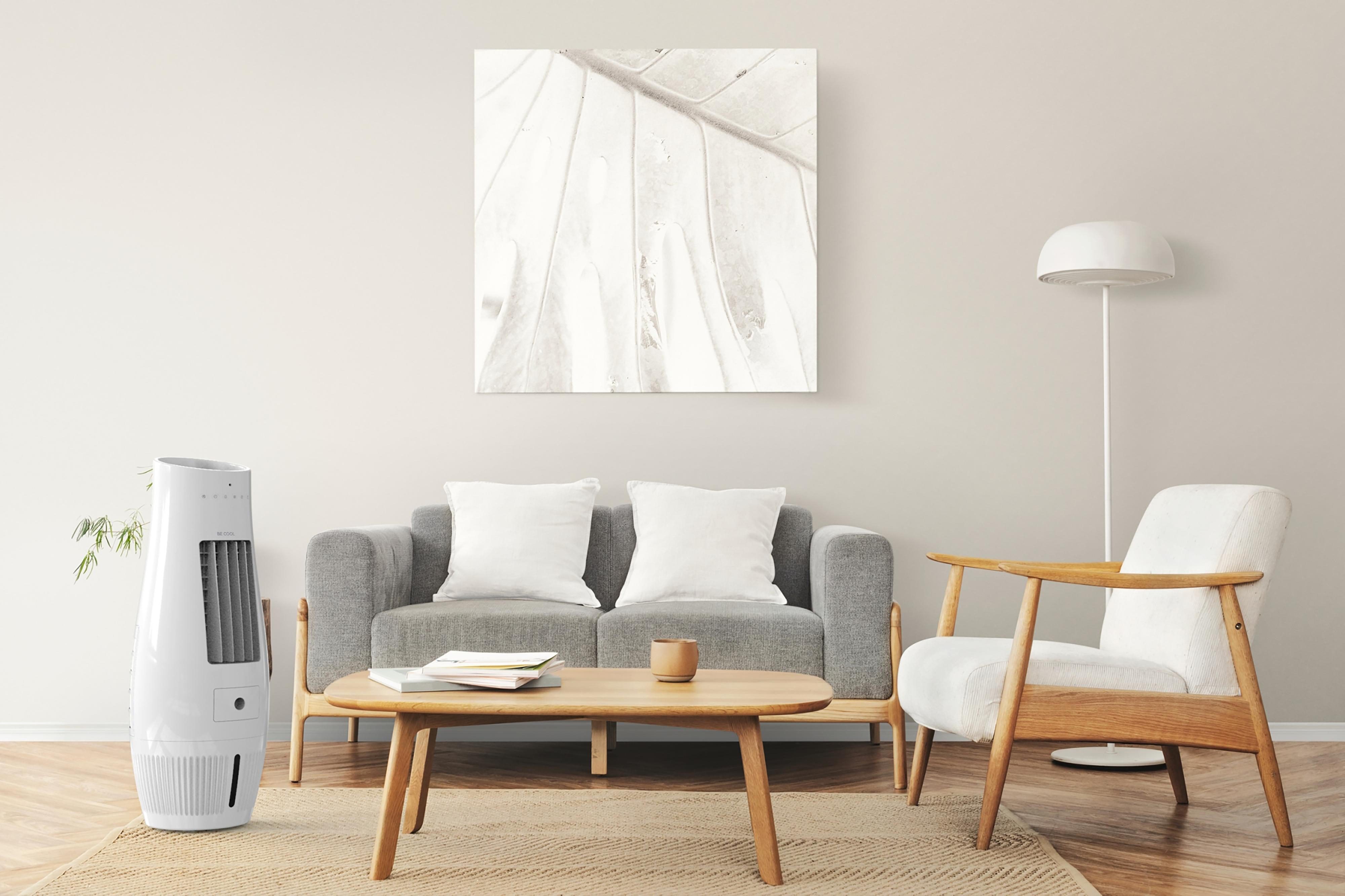 Wohnzimmer mit weißem Luftkühler, Sofa, Stuhl, Couchtisch und Gemälde. Beige Wände.