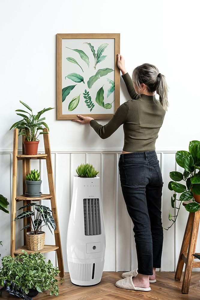 Eine Frau hängt ein gerahmtes Kunstwerk mit grünen Blättern neben Pflanzen und einem Kühler auf.
