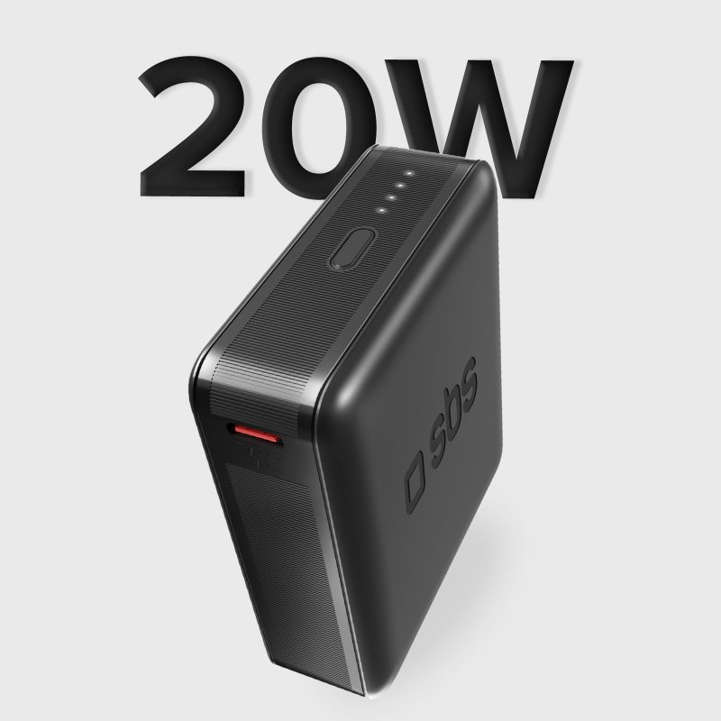 Czarny power bank z napisem '20W'. Marka 'sbs' jest widoczna z boku.