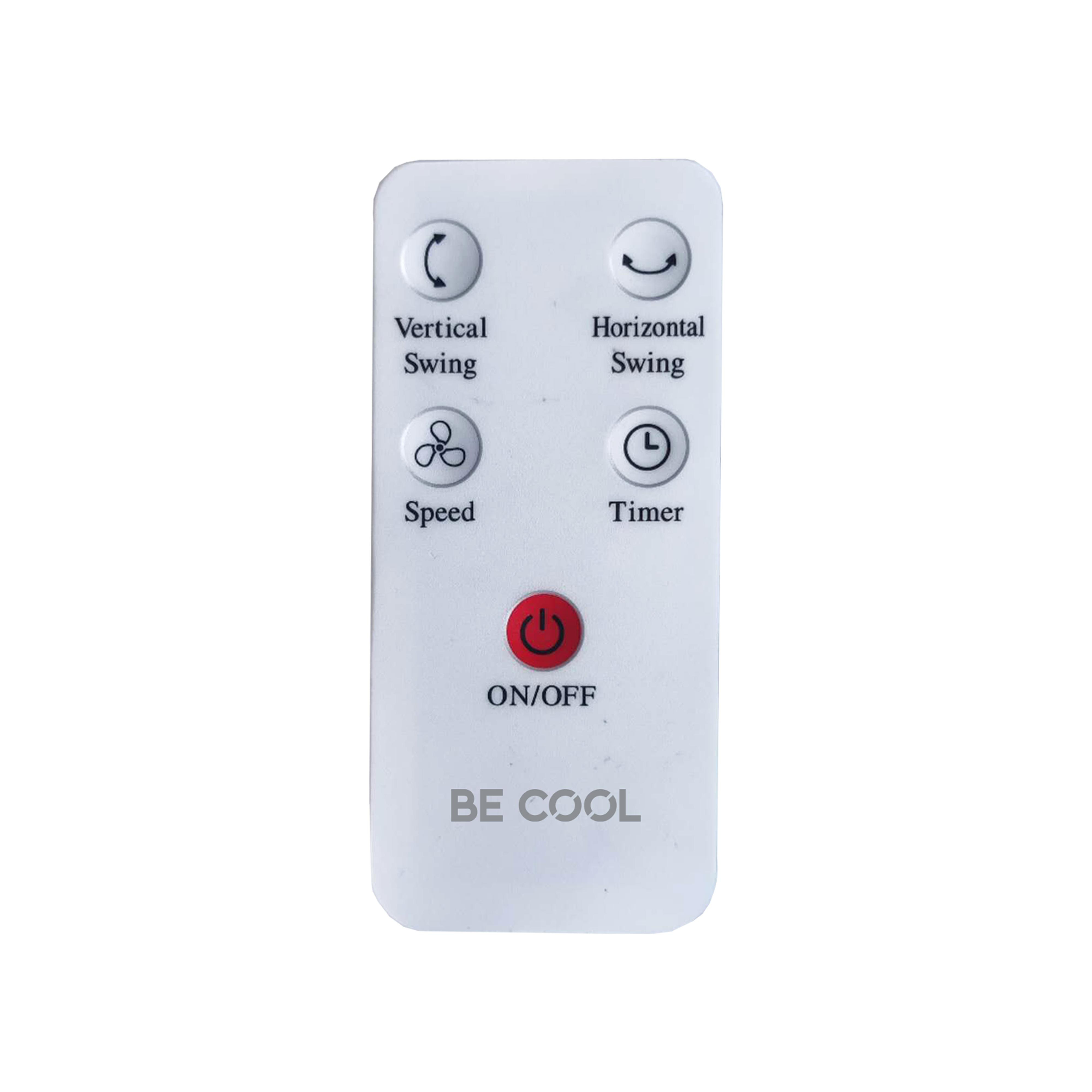 Eine weiße Fernbedienung mit Tasten für Schwenken, Geschwindigkeit, Timer und Ein/Aus. Darunter steht 'BE COOL'.
