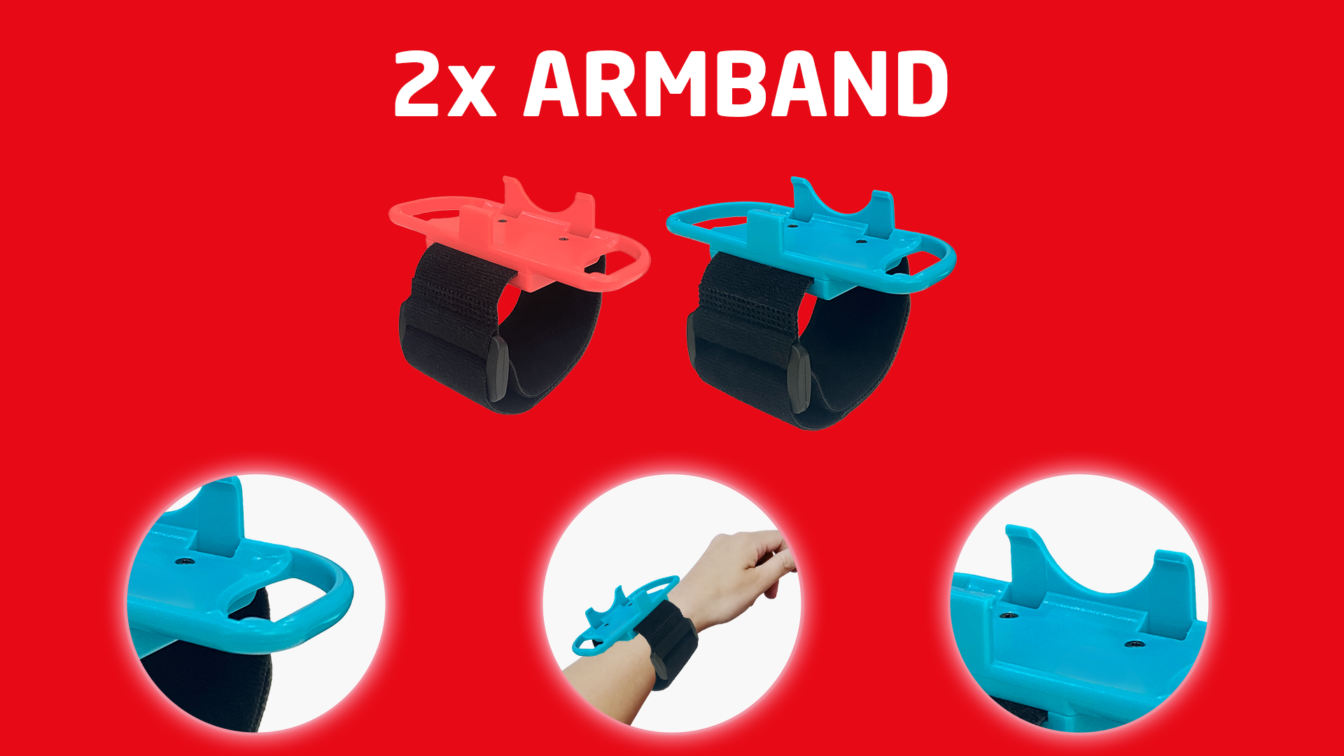Zwei Armbänder: eins rot, eins blau, mit Hand, die das blaue trägt, auf rotem Hintergrund.