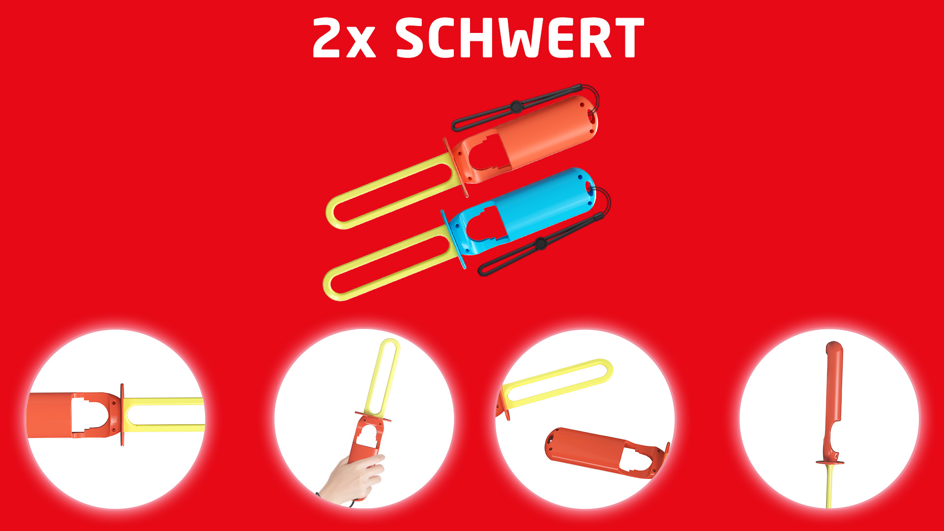 Zwei Spielzeugschwerter mit gelben Griffen und rotem Hintergrund mit dem Text „2x SCHWERT“.