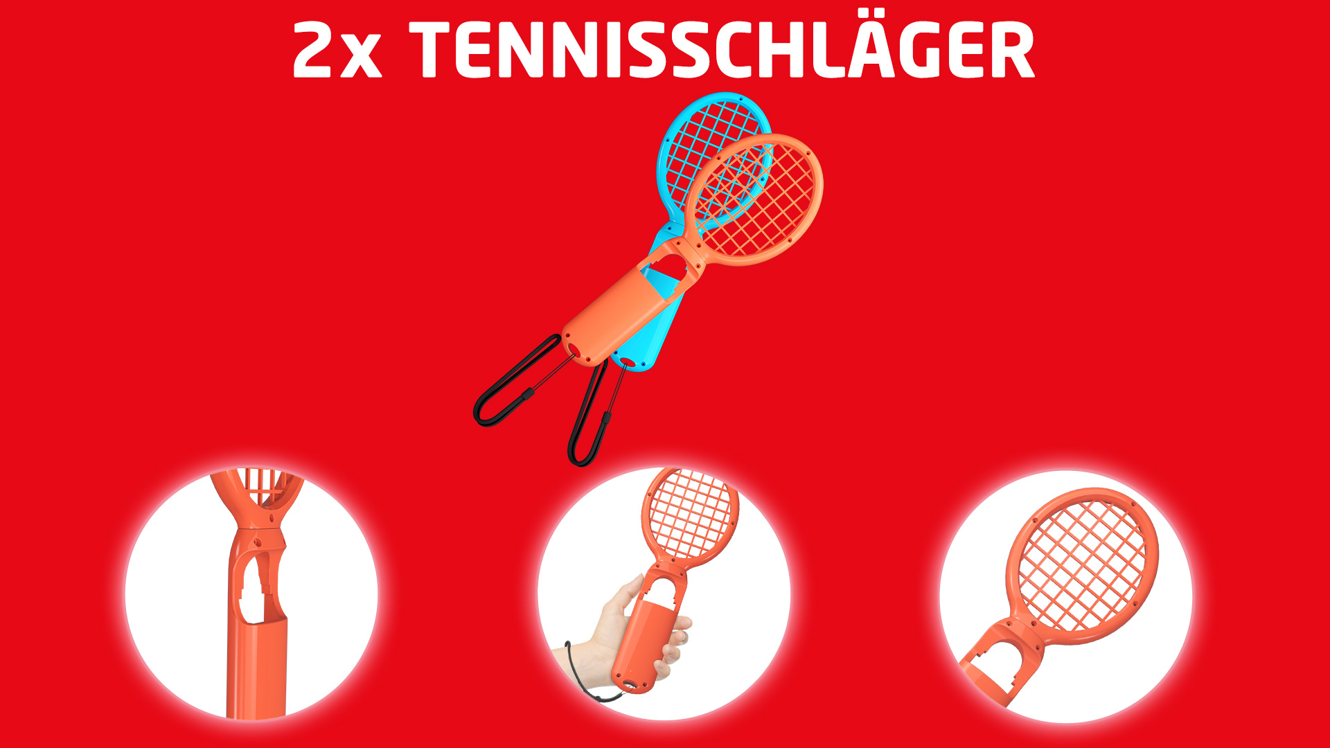 Zwei orangefarbene Tennisschläger mit schwarzen Griffen und rotem Hintergrund.