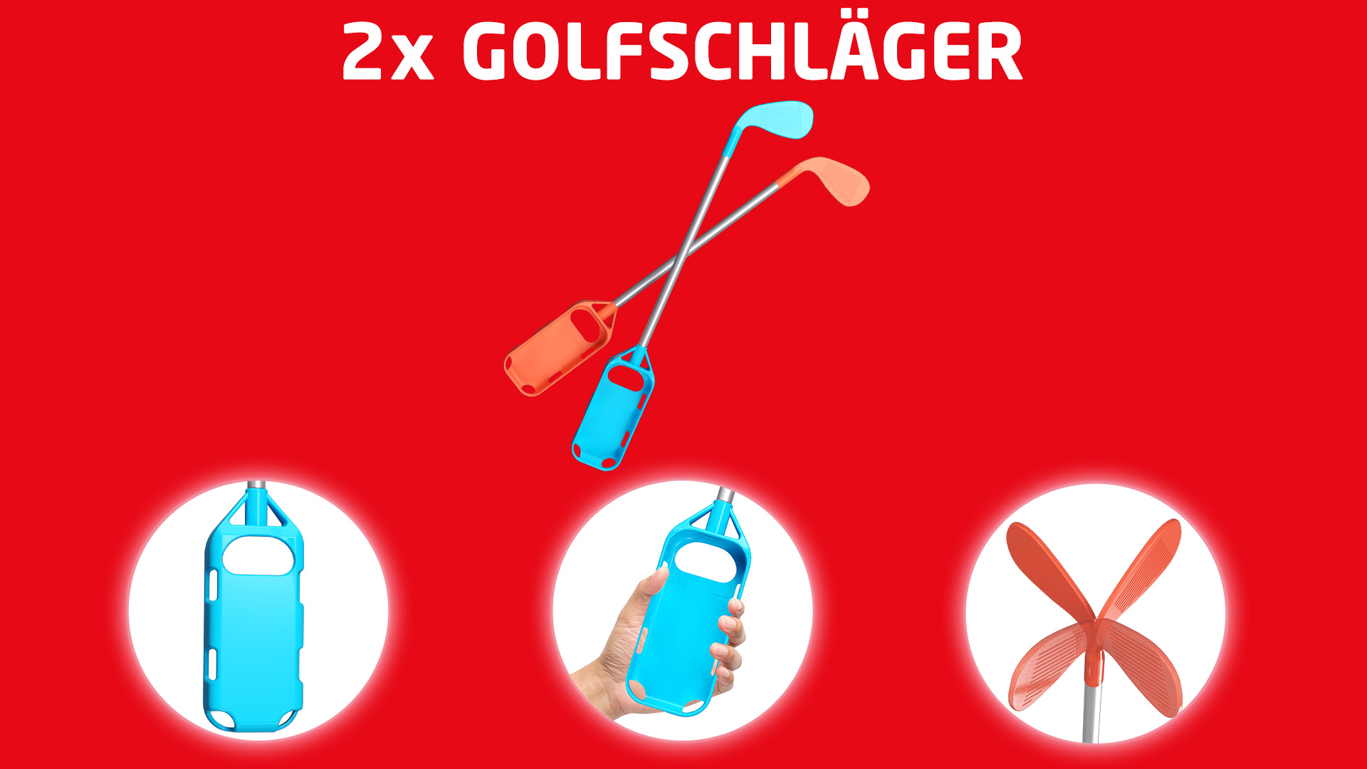 Zwei Spielzeug-Golfschläger und zugehöriges Zubehör auf rotem Hintergrund. Es gibt auch Illustrationen.