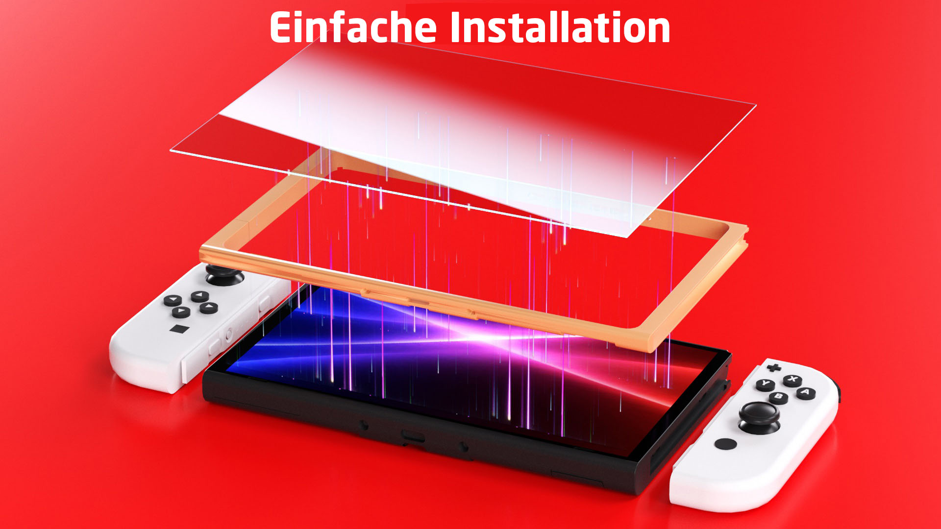 Explosionszeichnung eines Nintendo Switch mit Displayschutz und Controller-Aufsätzen.