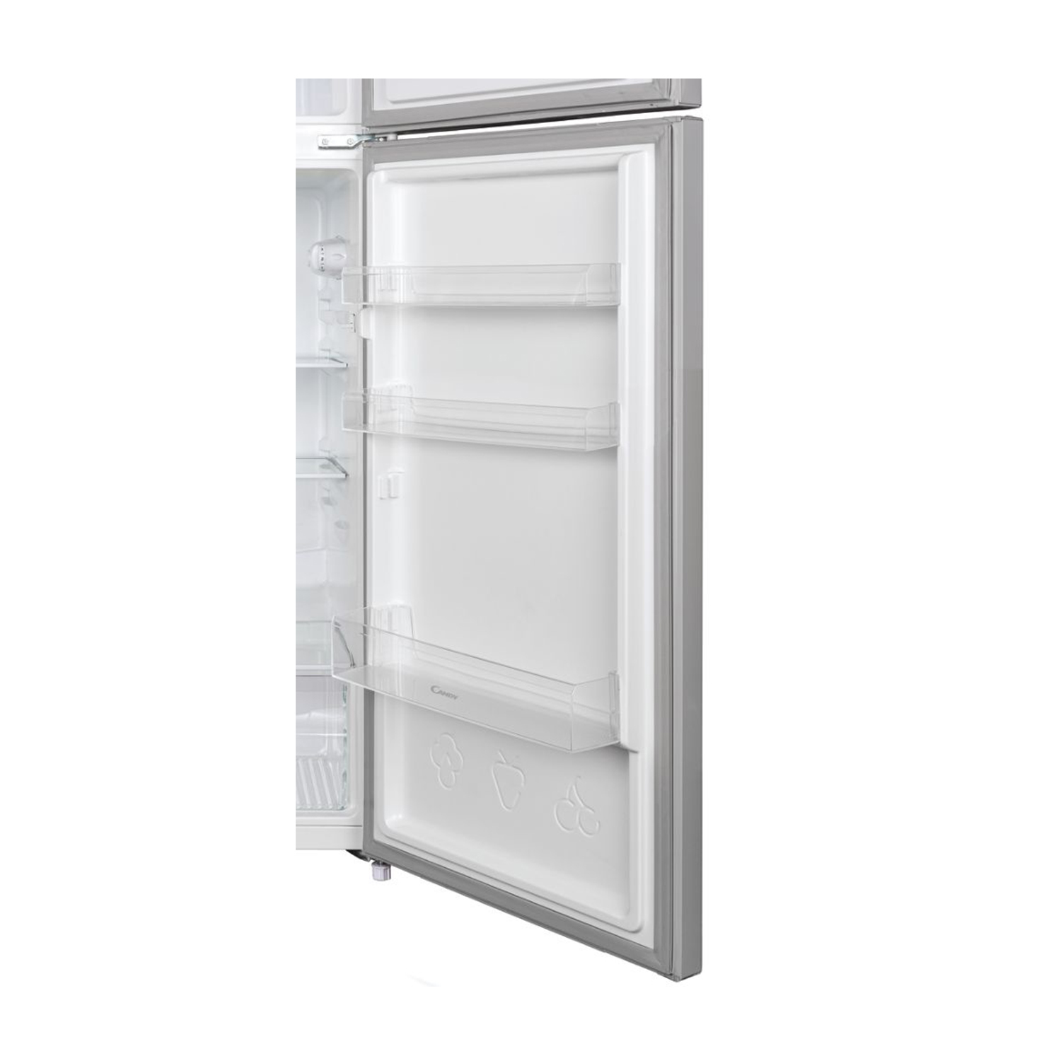 Frigorifero d'argento aperto con ripiani sulla porta. Interno bianco.