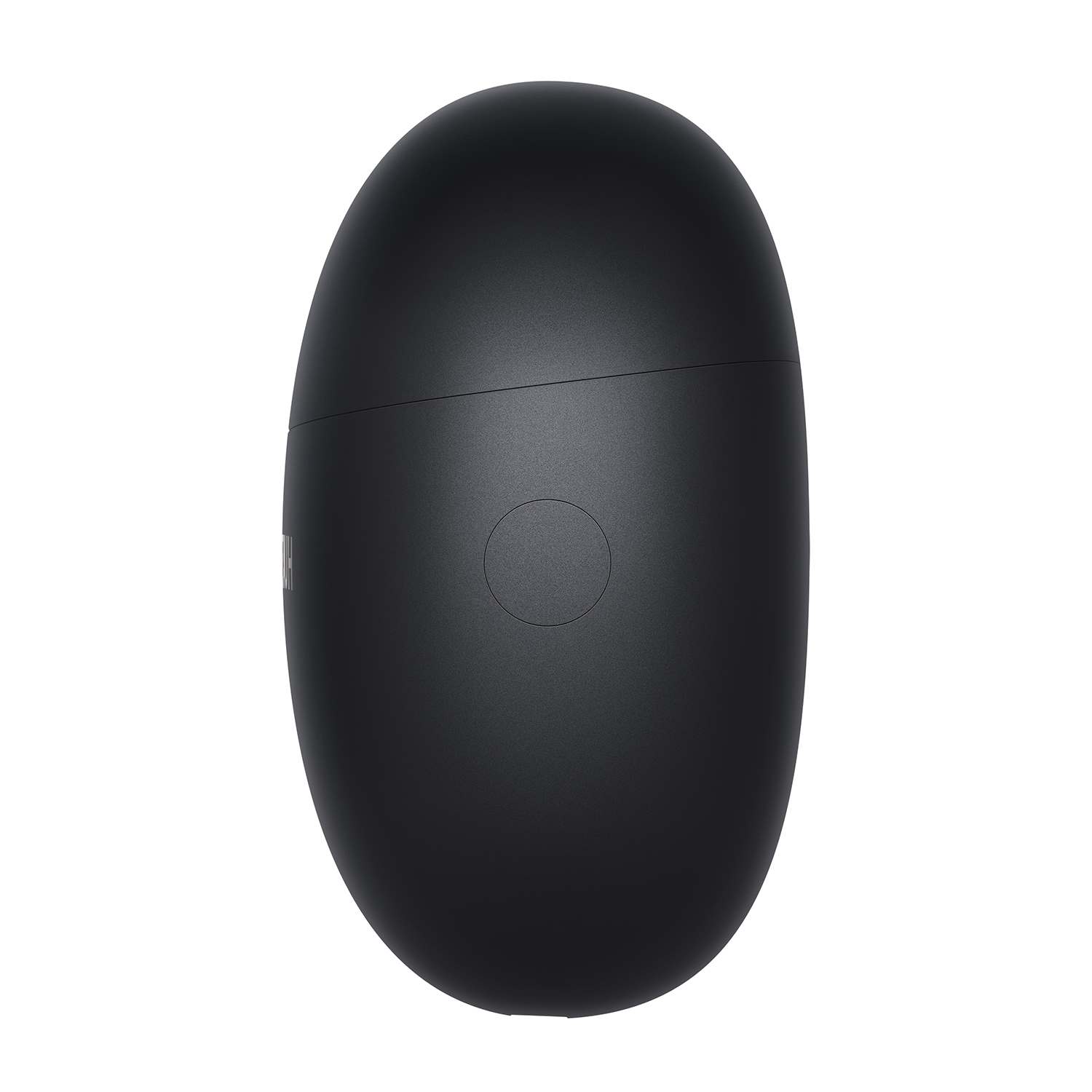 Un dispositivo nero, di forma ovale, con un pulsante, su sfondo bianco.