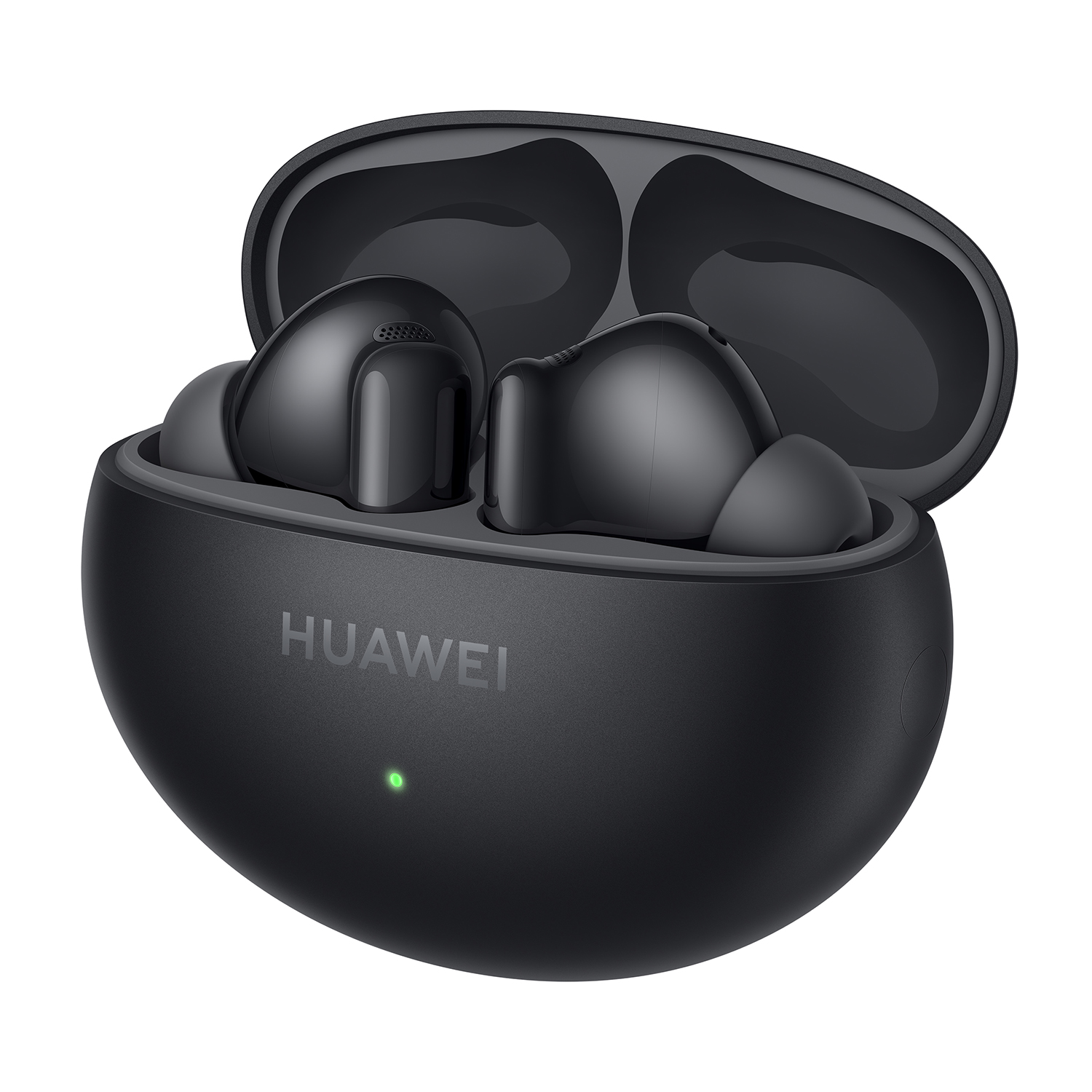 Auricolari Huawei neri in una custodia di ricarica. La custodia è aperta, mostrando gli auricolari. Luce verde accesa.