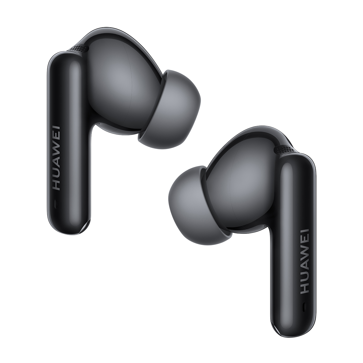 Due auricolari wireless neri. Ognuno ha un corpo curvo con la scritta 'HUAWEI'.
