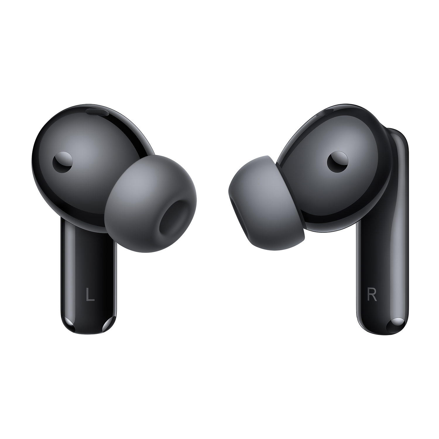 Due auricolari wireless neri. L'auricolare sinistro è contrassegnato con 'L', il destro con 'R'.