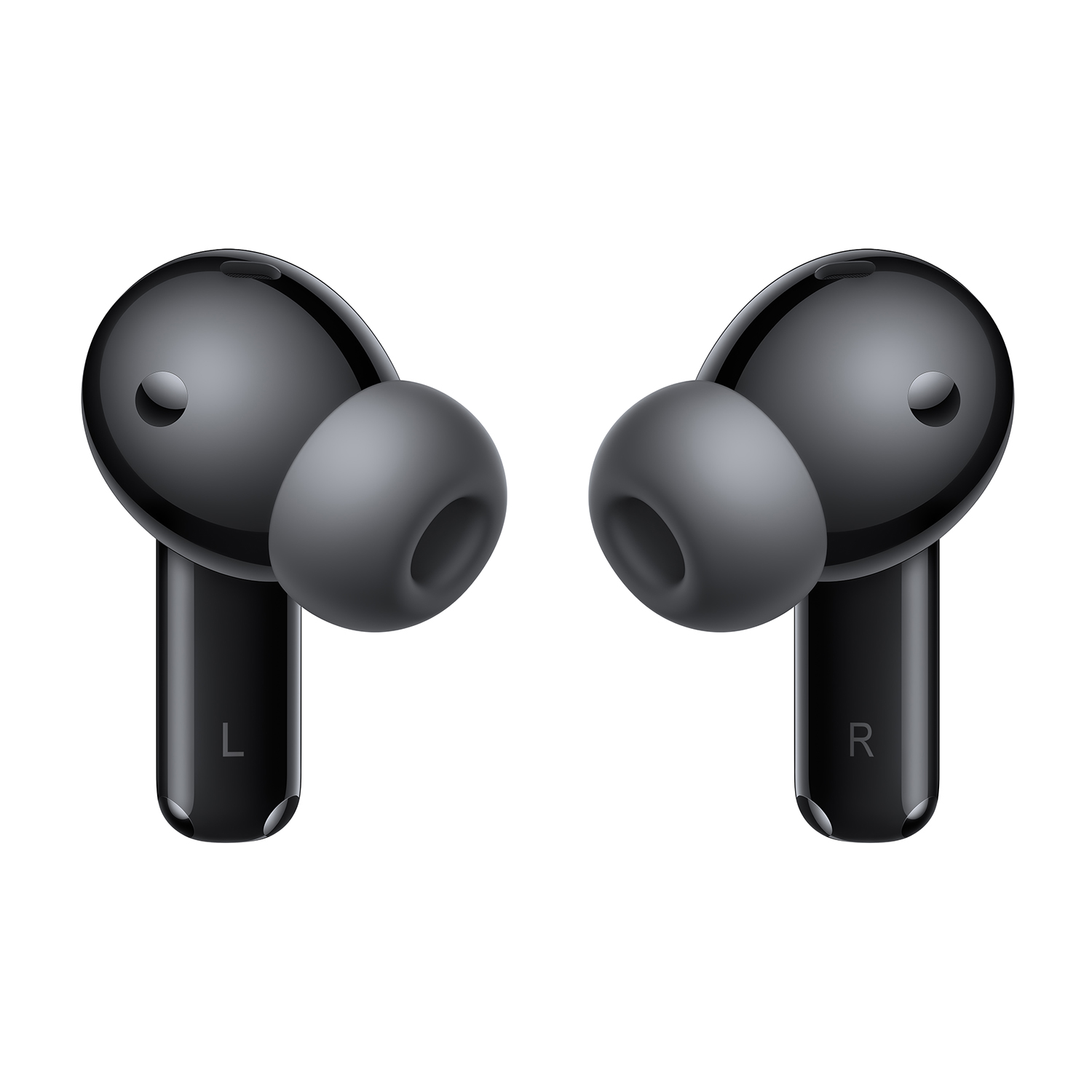 Due auricolari wireless neri. Gli auricolari sono eleganti e hanno un design piccolo e arrotondato.