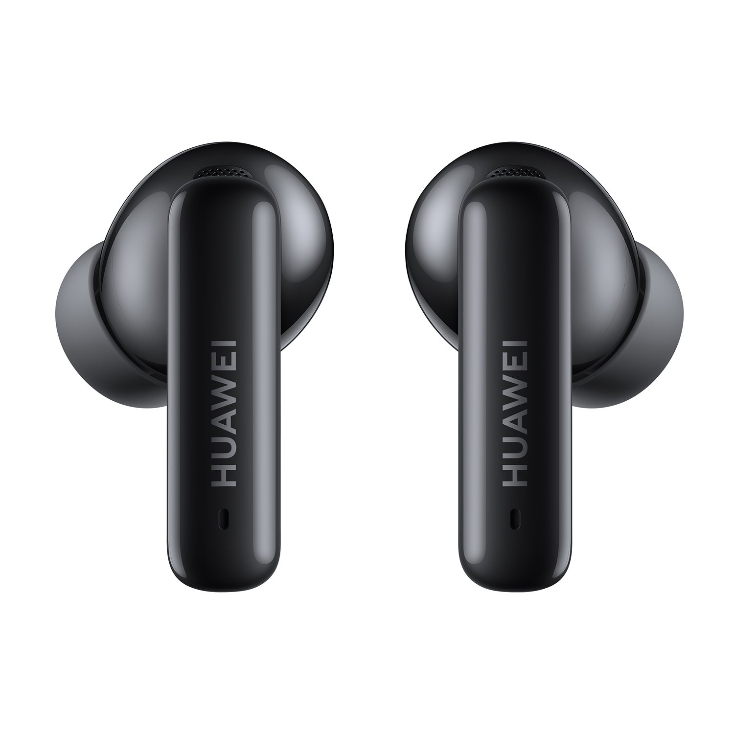 Coppia di auricolari Huawei neri. Gli auricolari hanno una forma arrotondata e una finitura lucida.