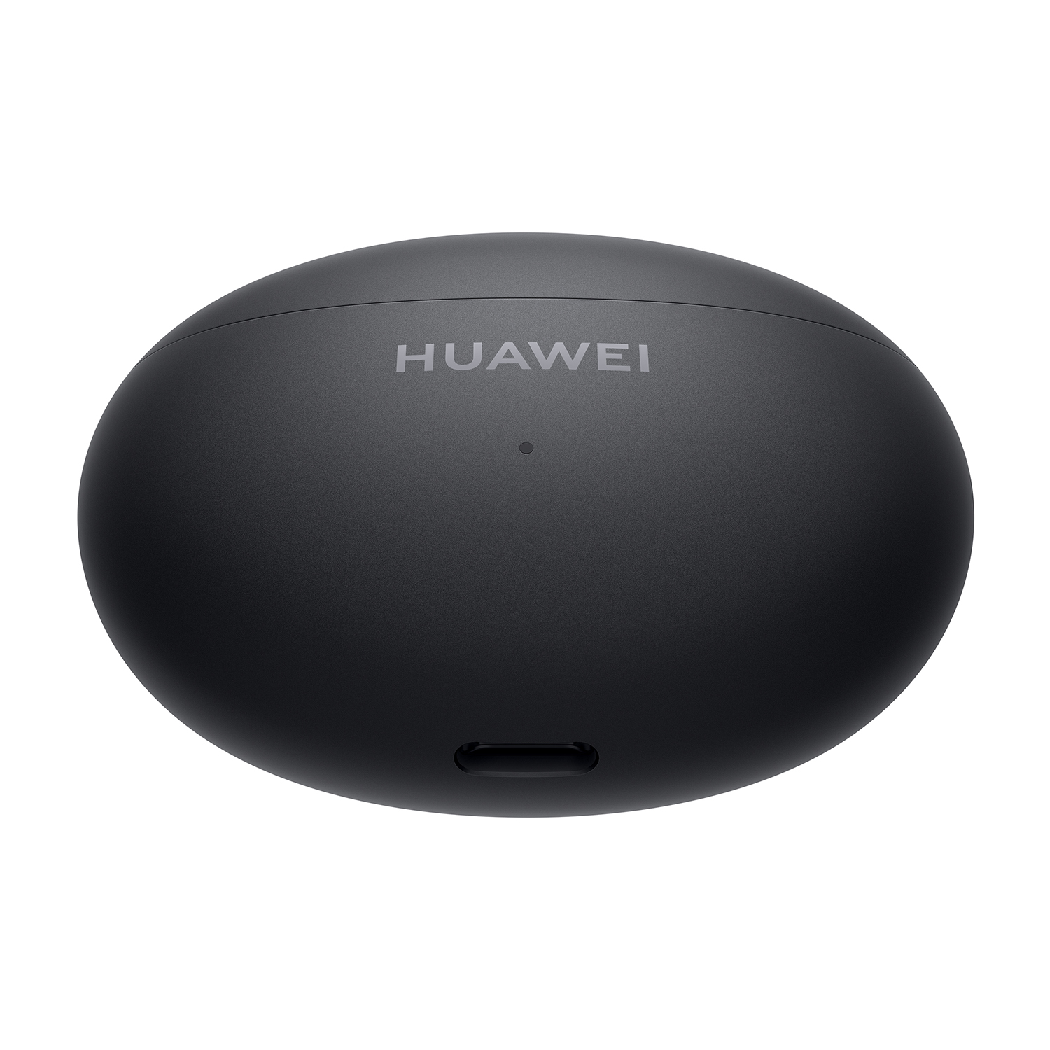 Custodia per auricolari Huawei nera, di forma ovale. La parola 'HUAWEI' è stampata sulla parte superiore.