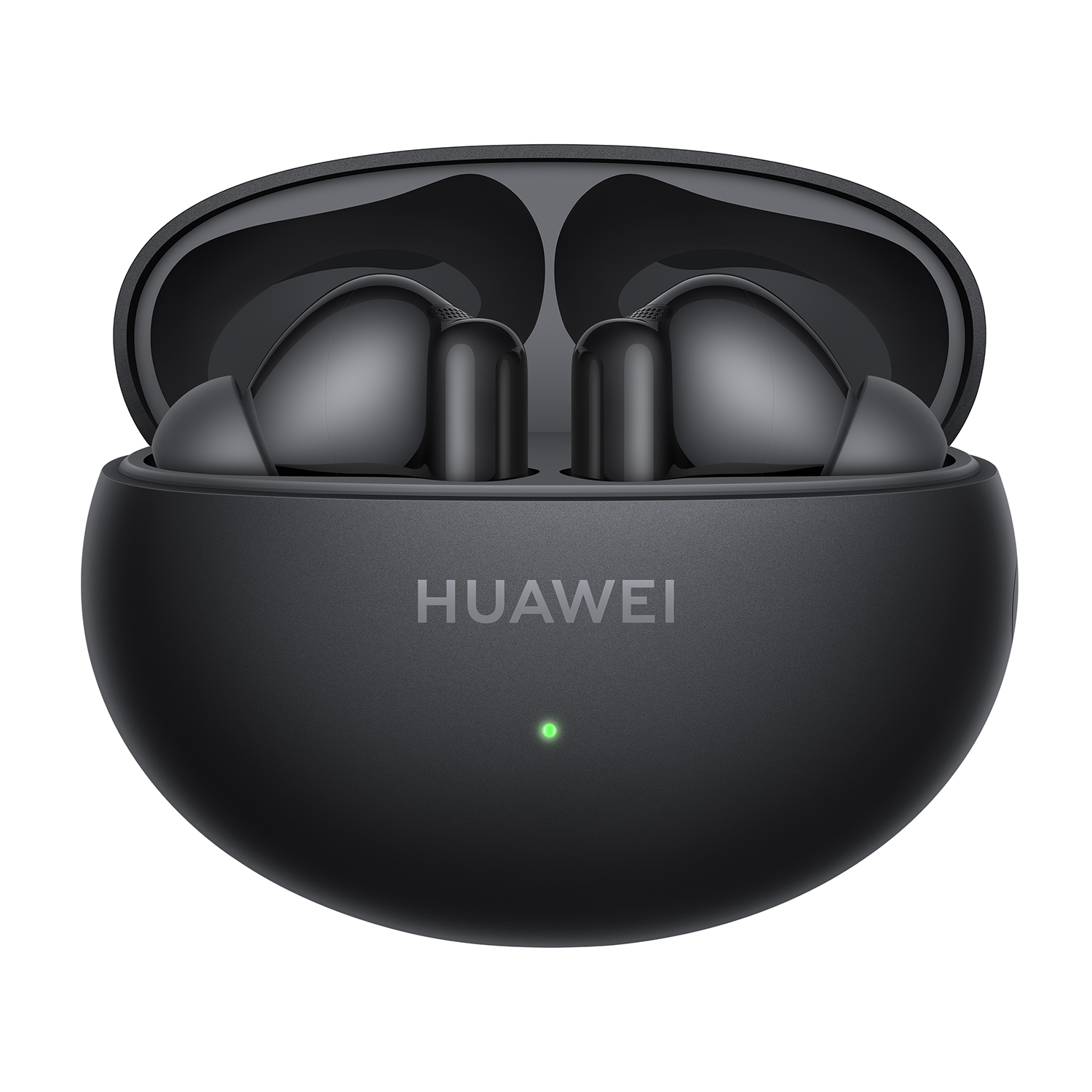 Auricolari Huawei neri in custodia di ricarica aperta. Luce verde sulla custodia.
