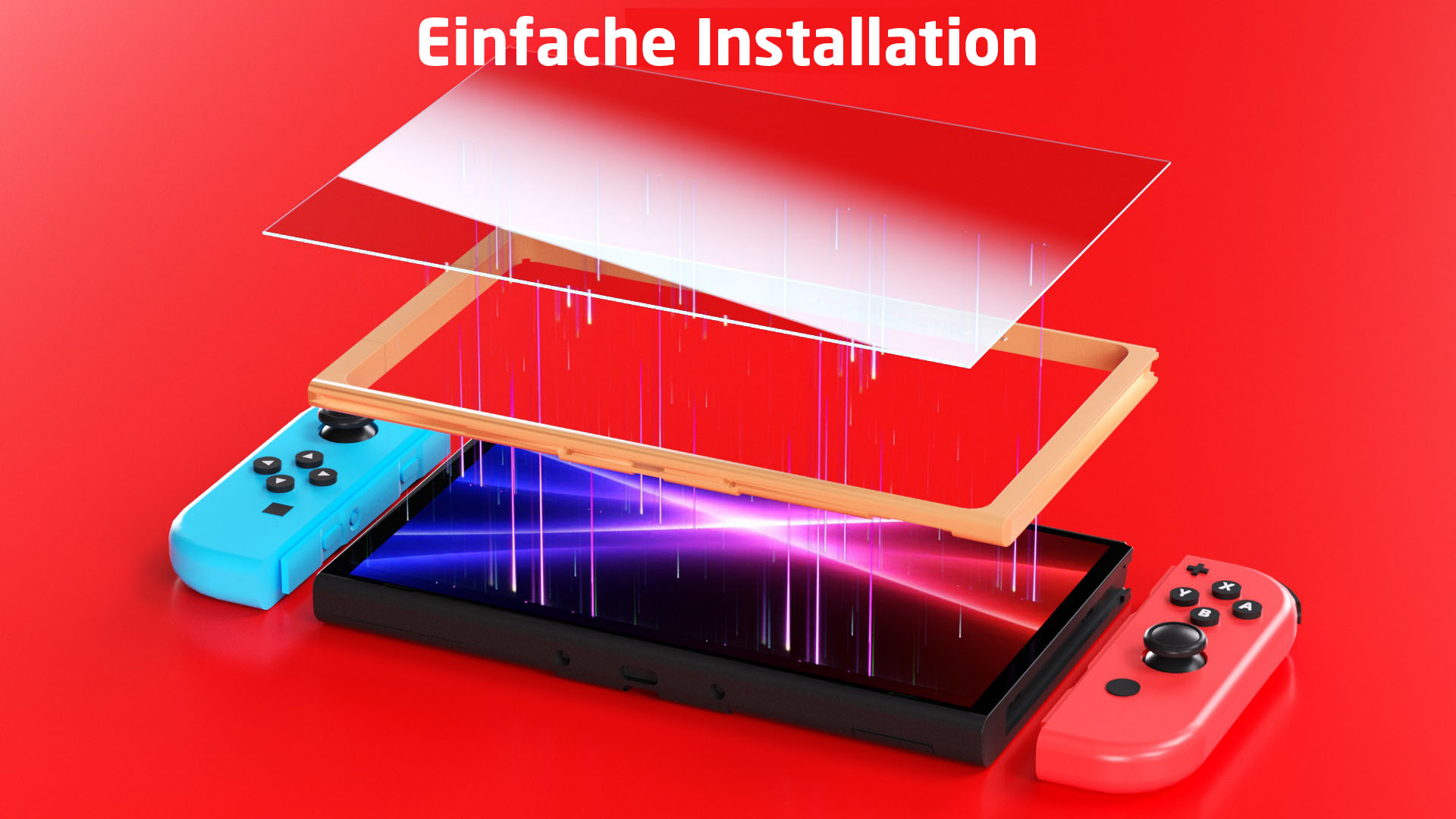 Nintendo Switch-Komponenten zur Montage angeordnet, roter Hintergrund, Text: Einfache Installation.