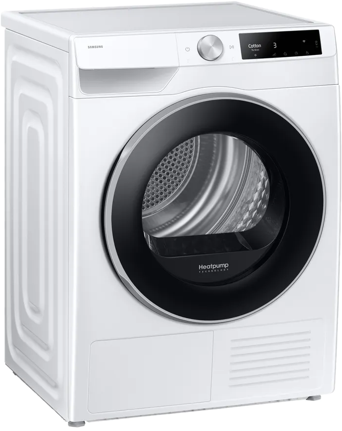 Un'asciugatrice Samsung bianca con porta nera, pannello di controllo e la parola Cotton.
