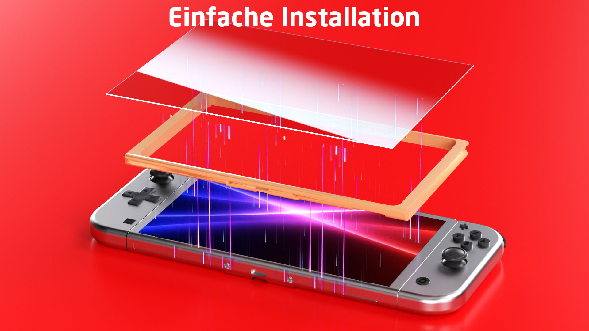 Nintendo Switch mit Displayschutzfolien-Installation. Konsole, Bildschirm und Rahmen.