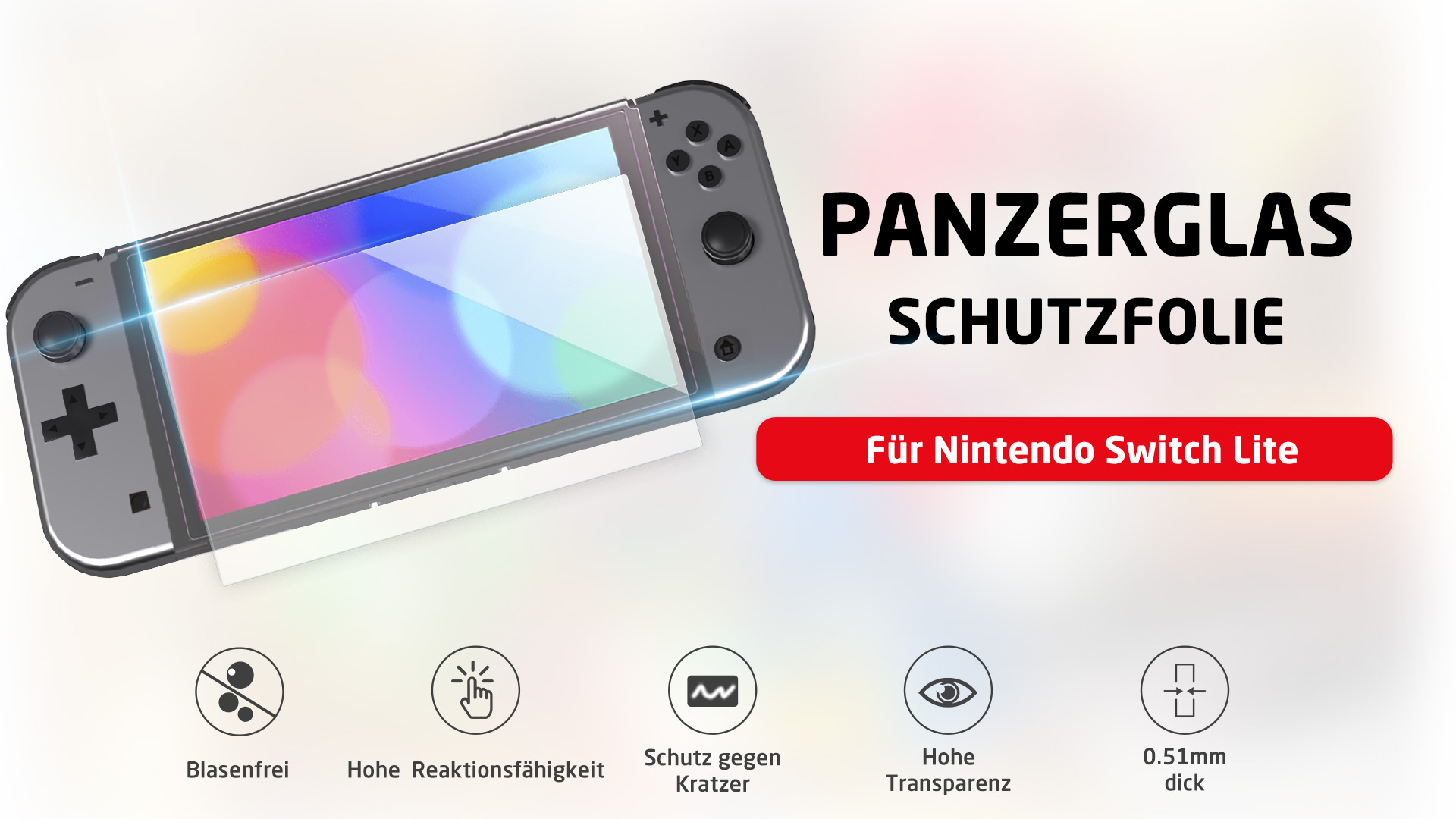 Nintendo Switch Lite mit Displayschutzfolie. Text: Panzerglas Schutzfolie, für Nintendo Switch Lite.