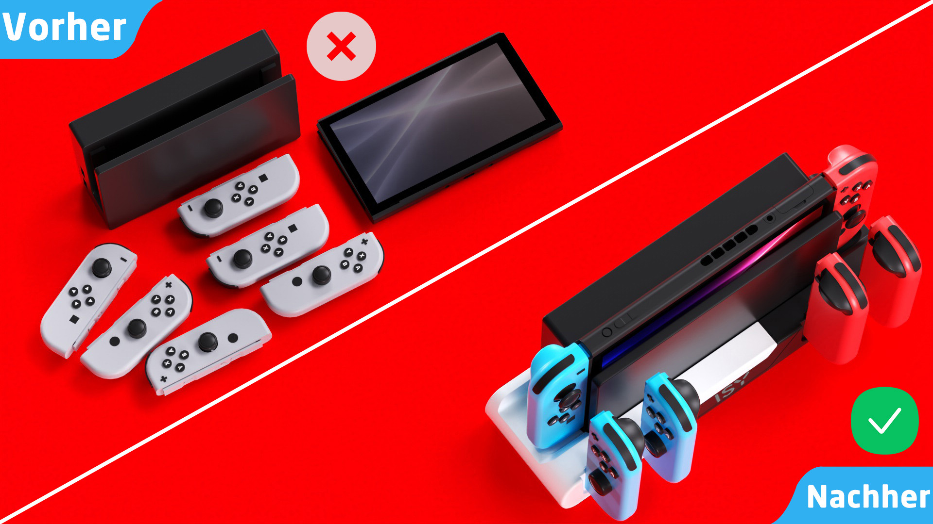 Vergleich eines Nintendo Switch-Setups: vorher und nachher. Enthält Konsolen, Controller und eine Dockingstation.