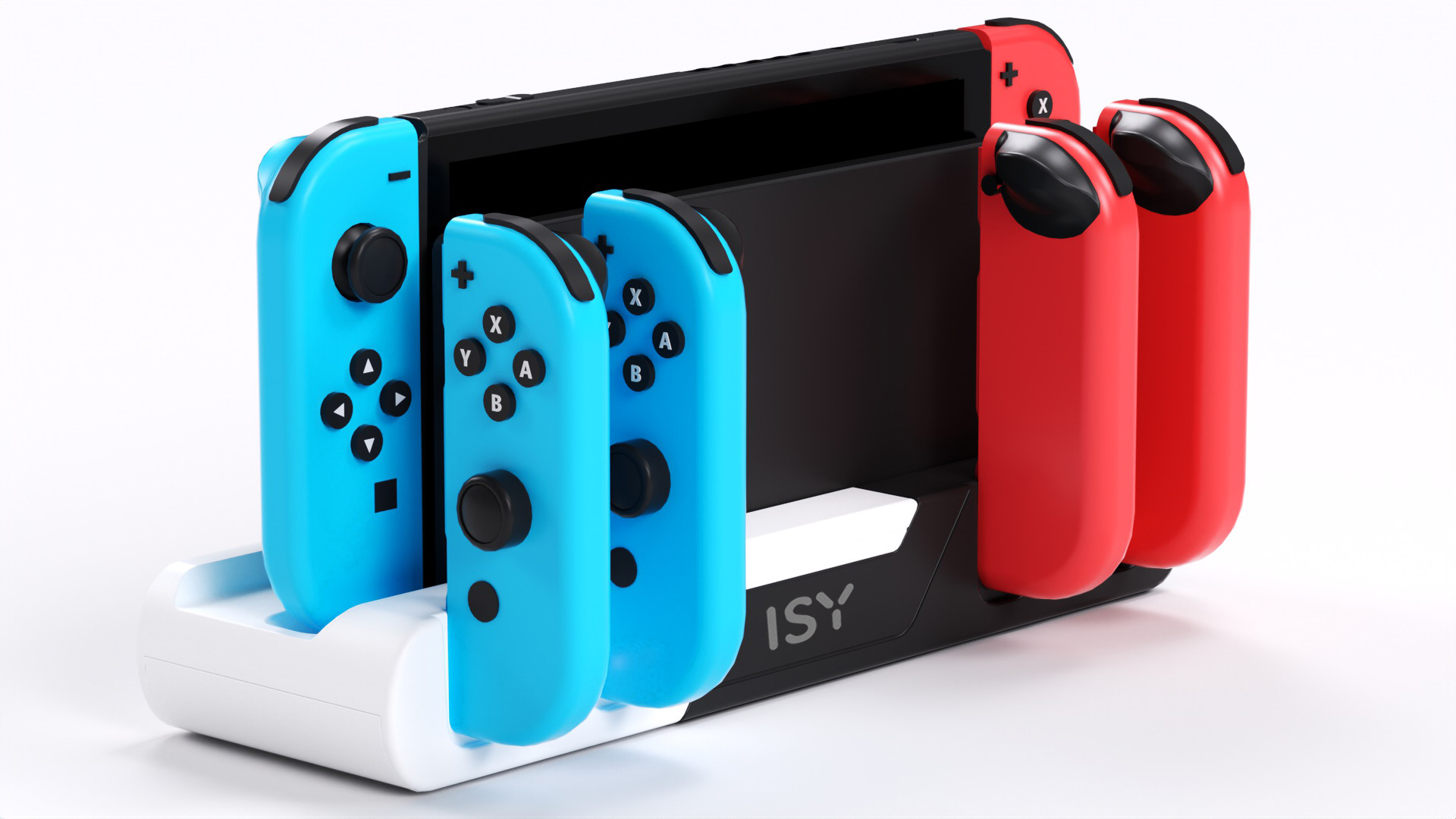 Eine Ladestation mit zwei blauen und zwei roten Nintendo Switch Joy-Cons eingesetzt. Weißer Hintergrund.