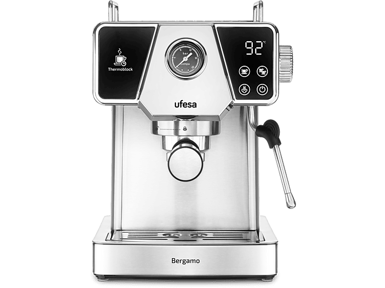 Cafetera express - Ufesa Bergamo, 20 bar, 1350 W, 1.8 l, 2 cafés, Inox