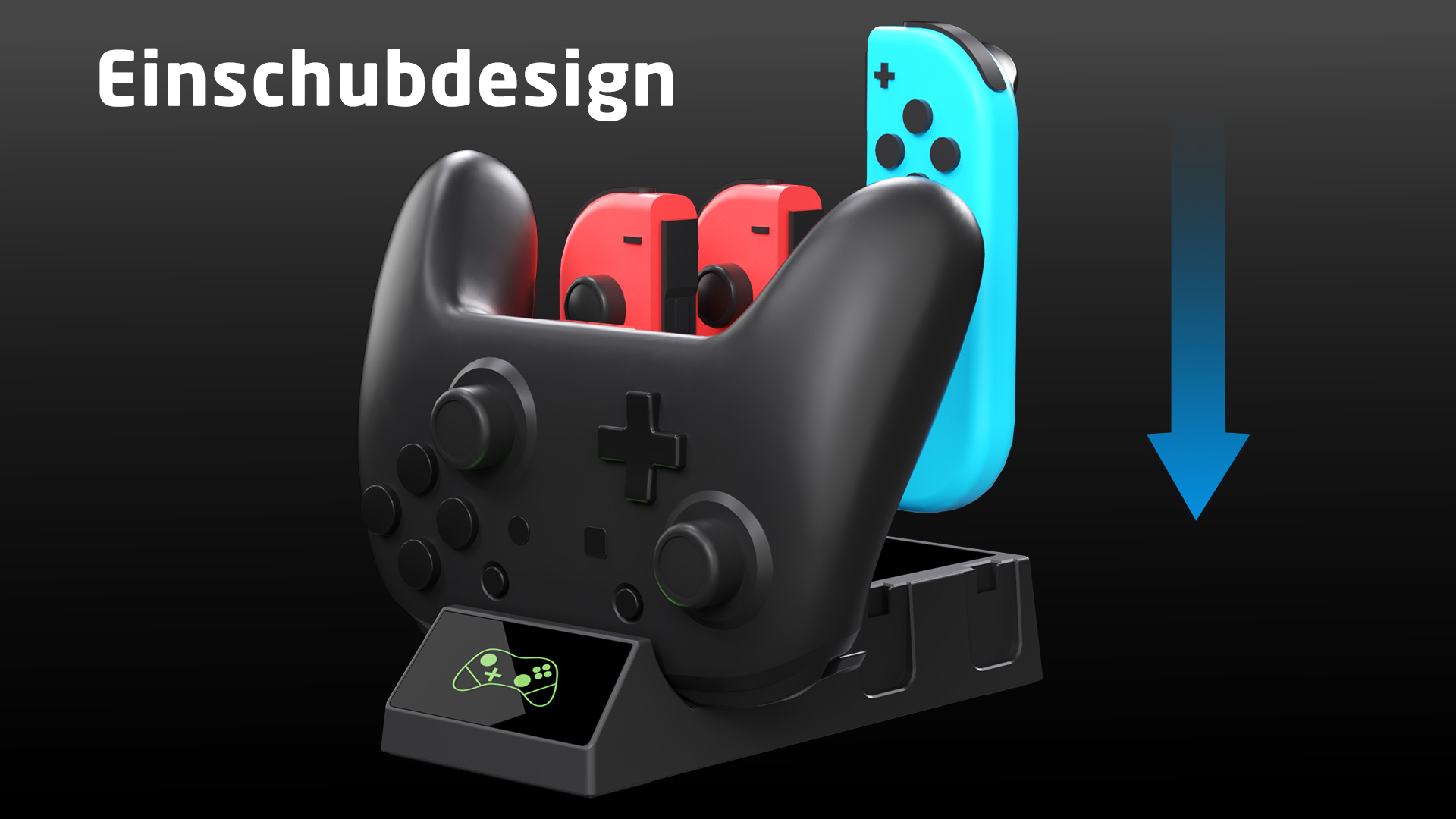 Schwarzes Gamecontroller-Ladegerät mit roten und blauen Gamecontrollern.