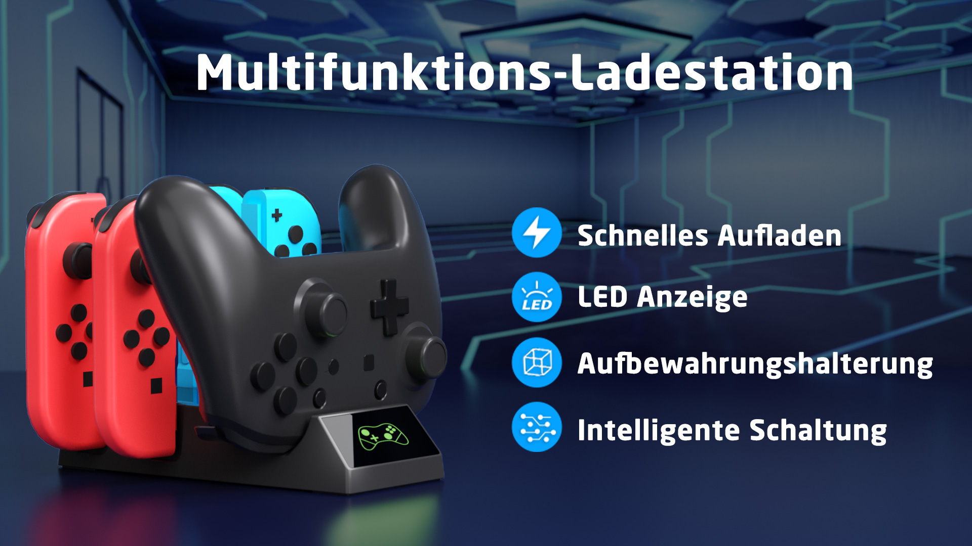 Ladestation für Gaming-Controller, mit schwarzem Sockel und Controllern.