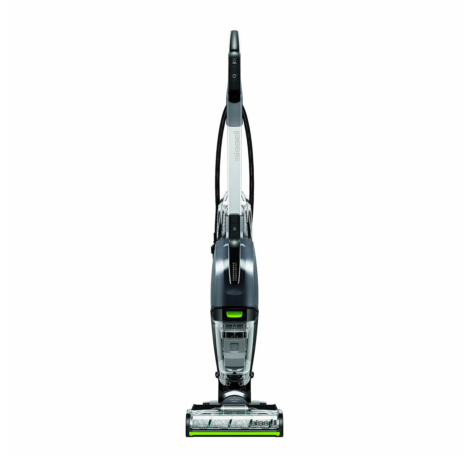 Aspirapolvere verticale con una testina verde e un contenitore d'acqua trasparente.