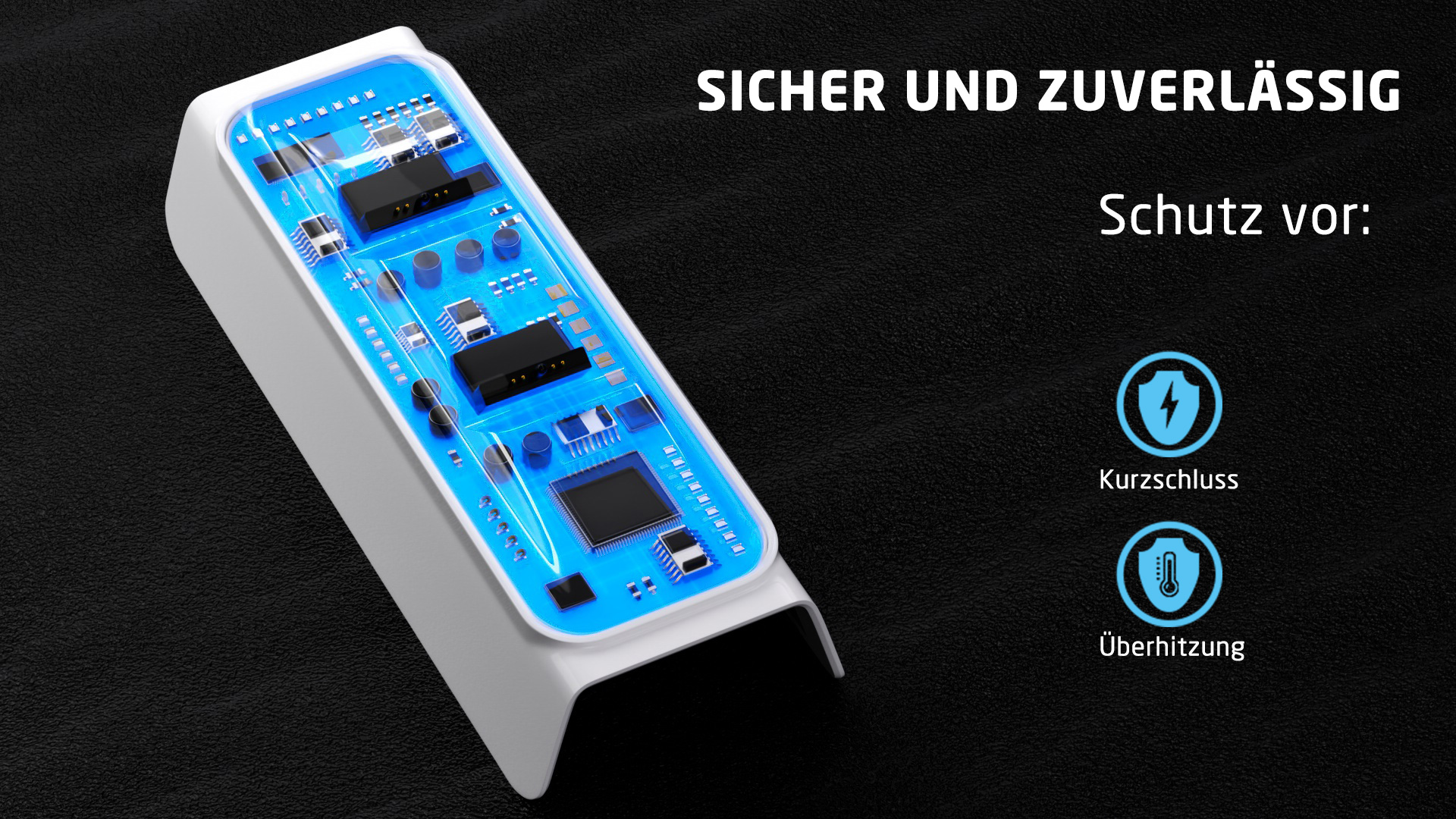 Abstraktes Bild mit Text über sicheren Schutz. Zeigt Leiterplatten und blau-weißes Design.