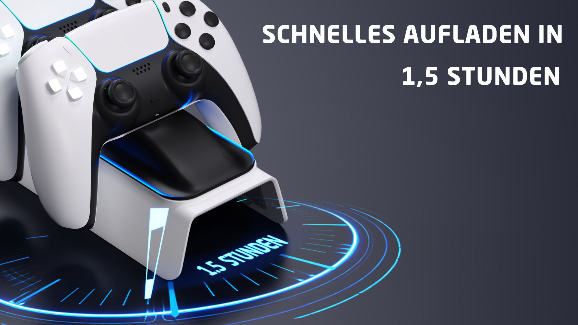 Zwei weiße Gamecontroller auf einer Ladestation mit Text: Schnellladen in 1,5 Stunden.